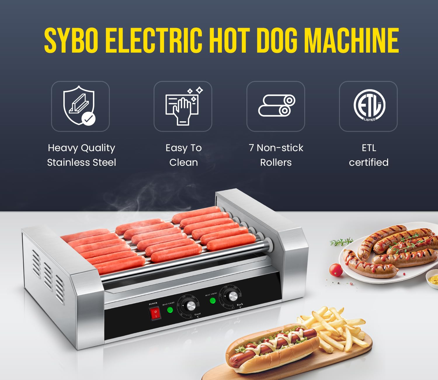 Commercial Grade SYBO Hot Dog Roller - 18 Hot Dog 7 Roller Grill Cooker Machine with Removable Stainless Steel Drip Tray, 1000-Watts - Perfect for Restaurants, Food Trucks, and Outdoor Events