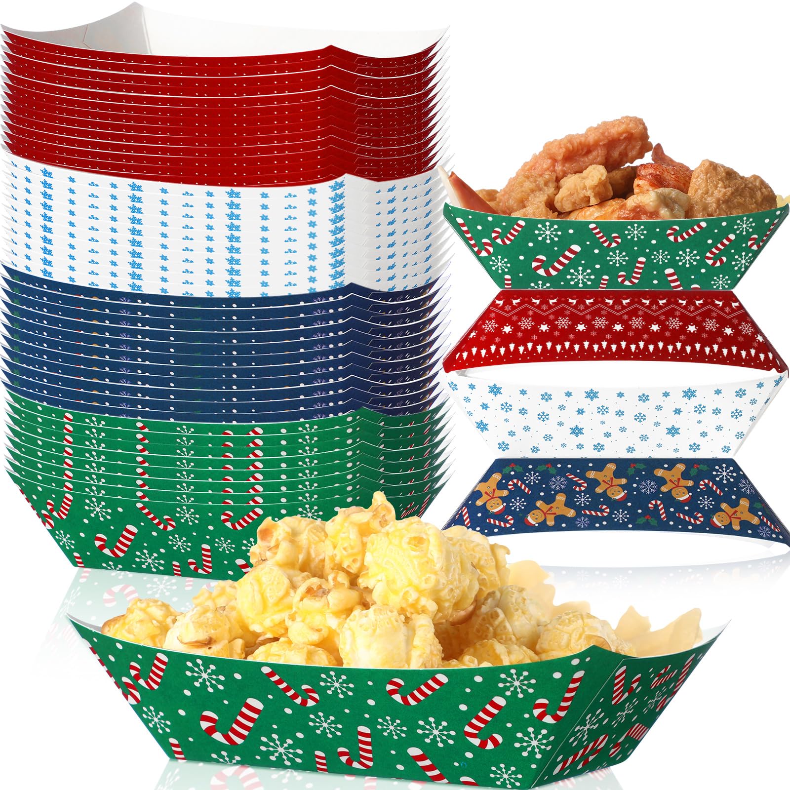 Fulmoon 100-Piece Disposable Christmas Food Serving Boats - 2Lb Paper Nacho Trays, Taco Boats & Hot Dog Containers for Holiday Parties (4 Styles) | Perfect for Christmas Buffets, Game Day Snacks & Party Appetizers
