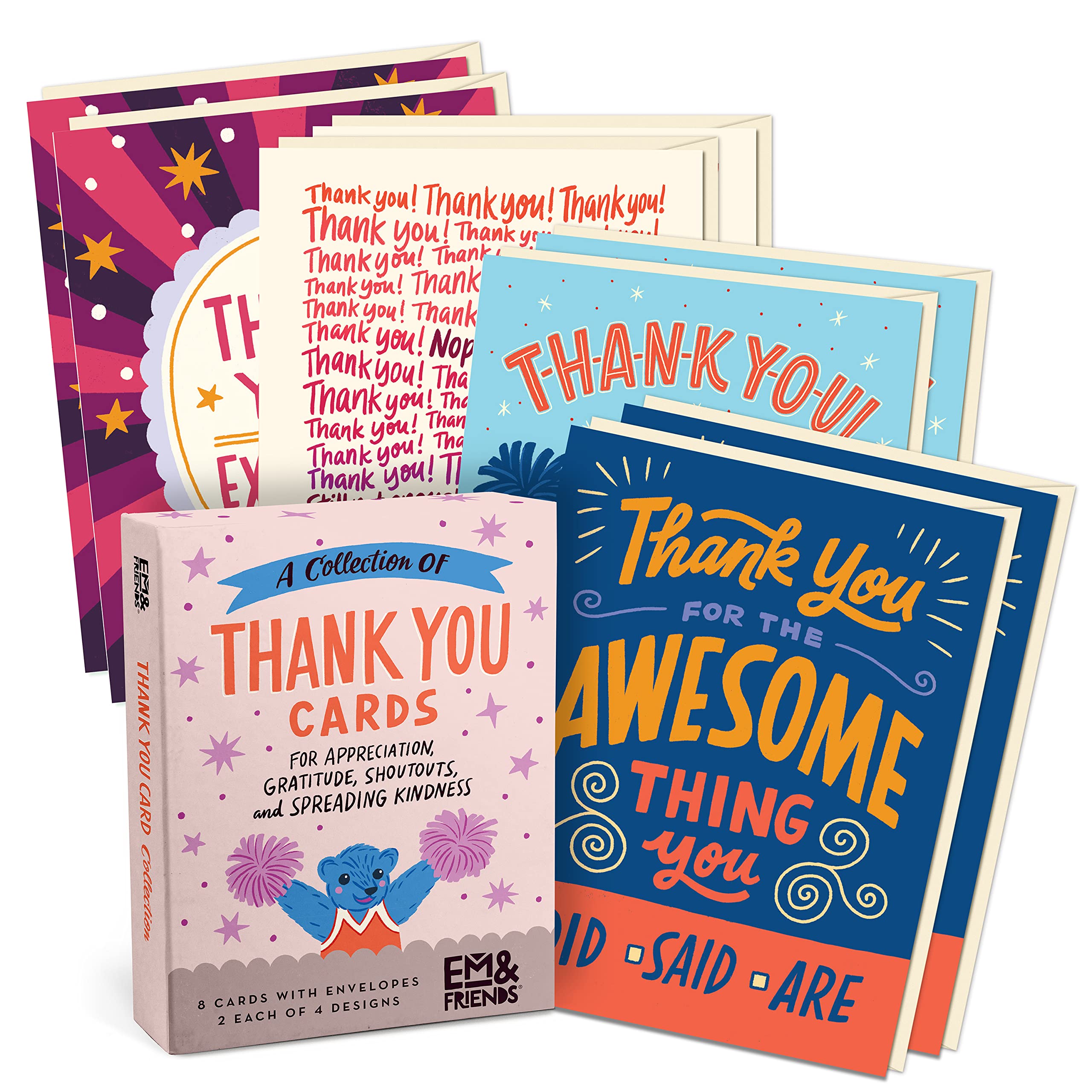 Em & Friends Thank You Cards - Box of 8 Assorted Appreciation & Gratitude Cards (4 Styles, 2 Each) | Perfect for Teacher Appreciation, Thank You Gifts & Spreading Kindness (2-02903)