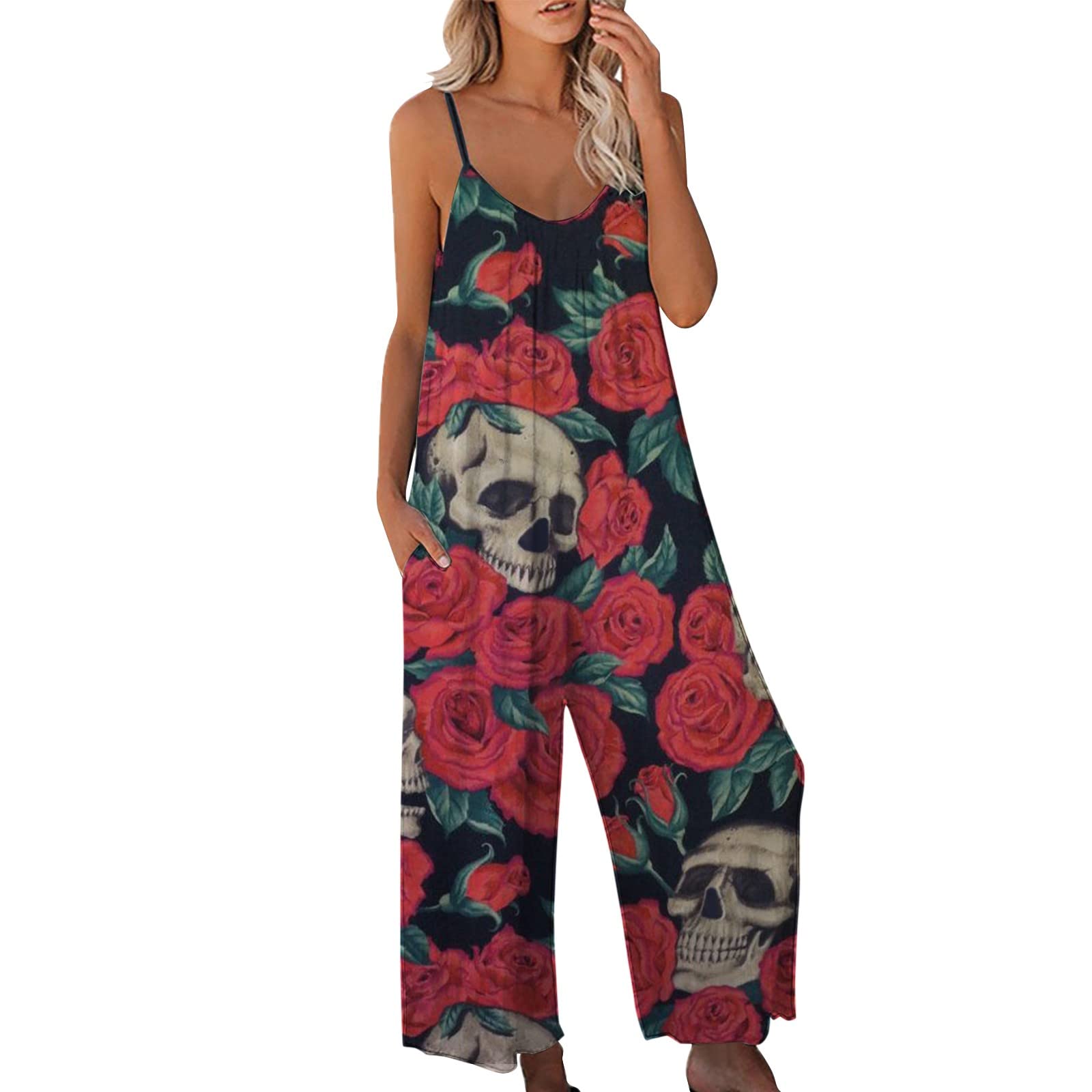 Women's Halloween Loose Sleeveless Adjustable Spaghetti Strap Jumpsuit - Stretchy Wide Leg Romper with Two Pockets - Perfect for Costume Parties, Cosplay & Festive Events