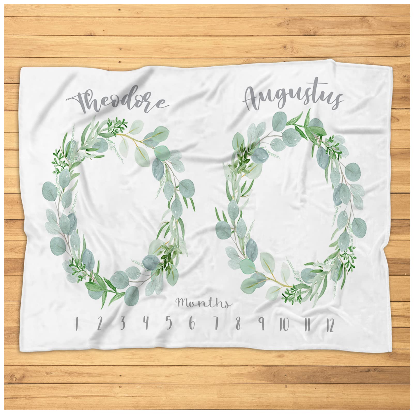 Personalized Twin Milestone Baby Blanket - Soft Plush Eucalyptus Wreath Monthly Blanket for Newborns & Kids | Perfect for Monthly Photo Shoots, Nursery Decor & Special Gifts