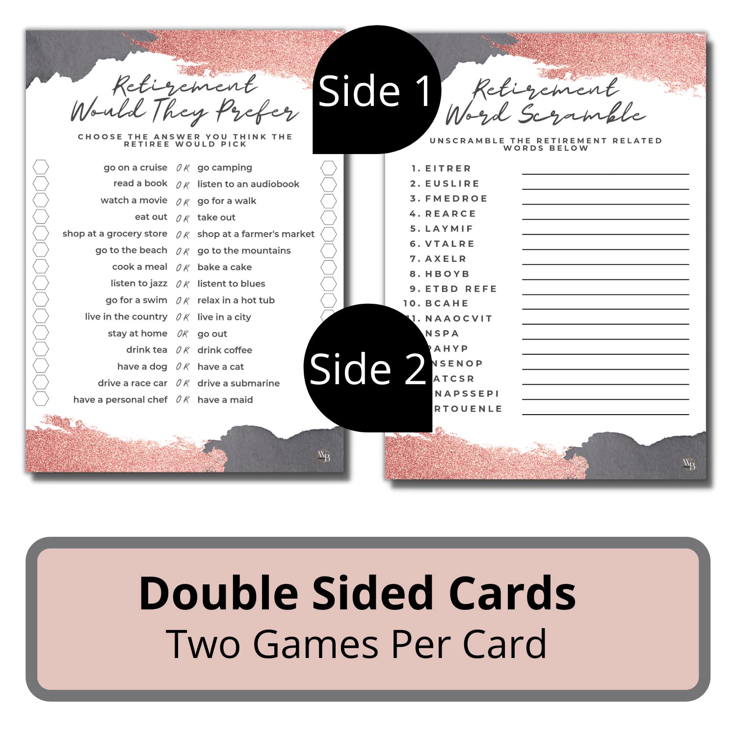 Rose Gold Retirement Party Games Cards - 50 Double-Sided Word Scramble & Would They Prefer? Game Cards for Women, Adults & Seniors - Perfect for Retirement Celebrations, Office Parties & Senior Social Events
