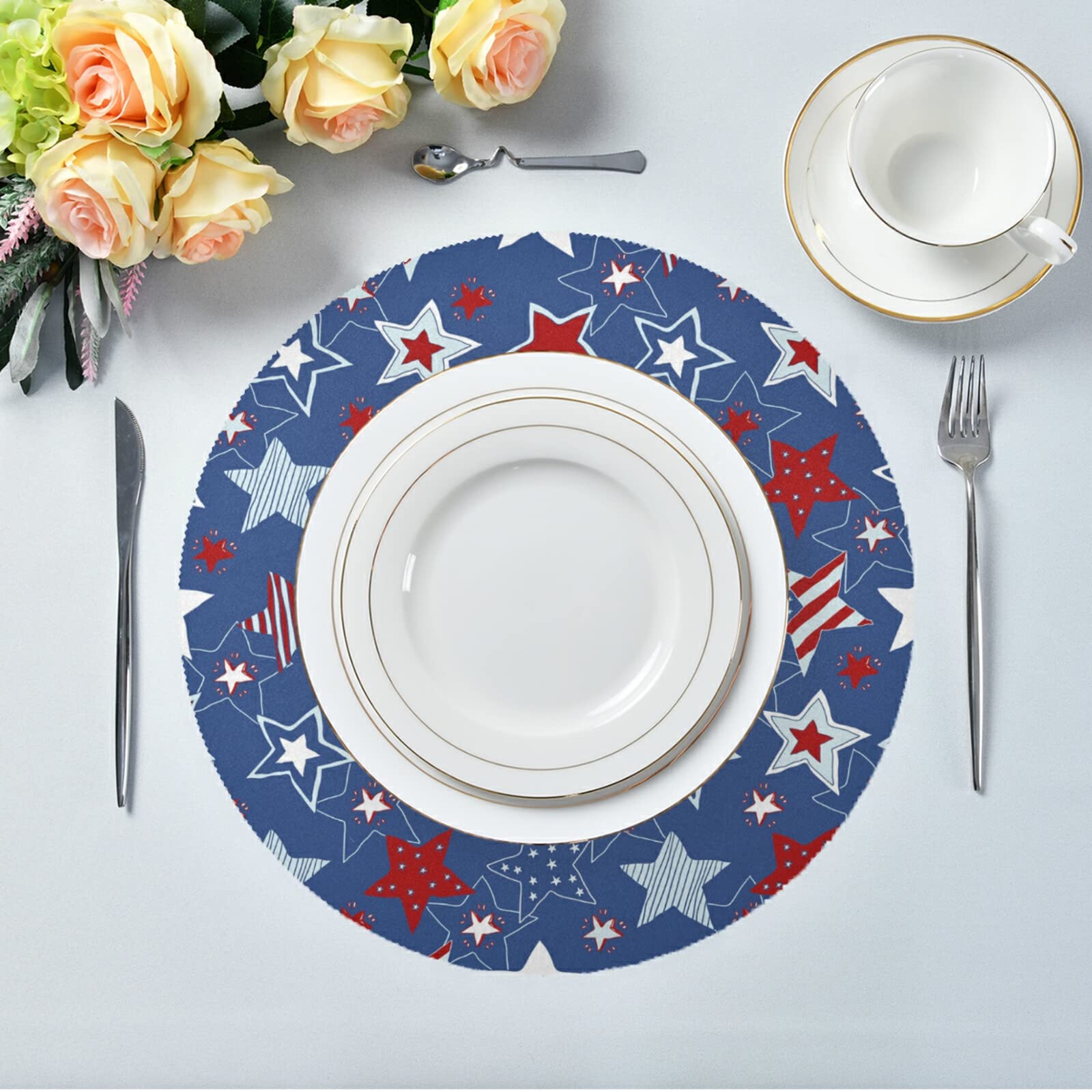 ALAZA Patriotic 4th of July Round Placemats Set of 4 - American Flag Themed Dining Table Mats for Kitchen, Home Decor & Holiday Celebration | Perfect for Independence Day Parties, BBQ Gatherings & Festive Dining