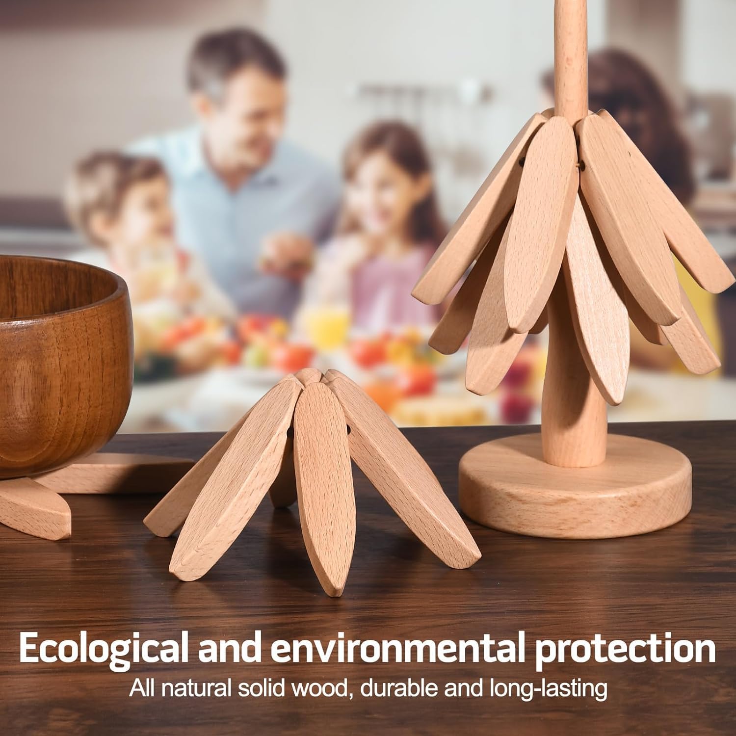 Premium Wooden Tripod Stand for Hot Dishes, Pots & Bowls - 4 Wooden Tripods + 1 Vertical Stand Set with Walnut Table Mat - Perfect for Serving Hot Pots, Teapots & Dishes at Dinner Parties & Family Gatherings (White)