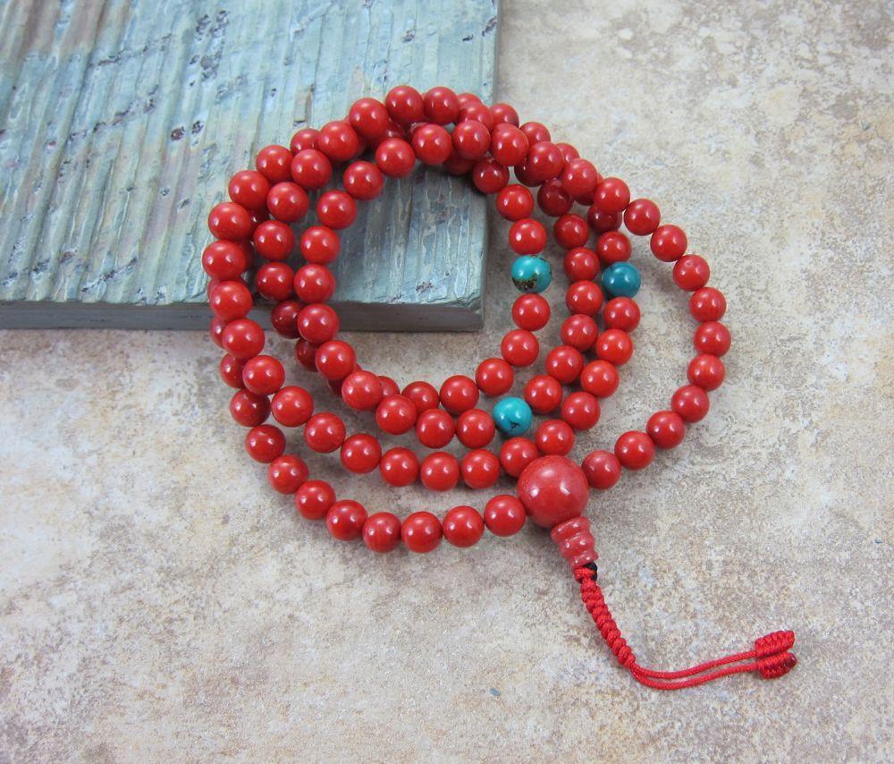 Natural Coral Beads Mala Necklace - Handmade Buddhist Prayer Beads for Meditation, Yoga & Spiritual Healing | Perfect Gift for Mindfulness Practitioners