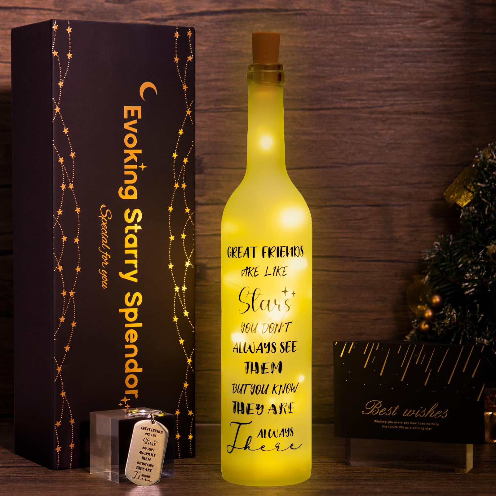 Christmas Lamp - USB Powered Wine Bottle Light Decor, Friendship Theme Gift for Women, Best Friend Birthday Idea with Keychain, Perfect for Home, Office, and Party Decorations
