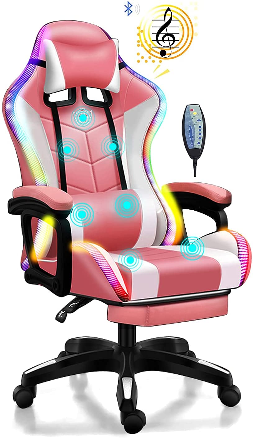 WLYMQFC Ergonomic Gaming Chair with Built-in Speakers & LED Lights - High Back PU Leather Swivel Chair with Footrest & 5-Point Massage for Teens - Pink - Perfect for Gaming, Streaming & Home Office Setup