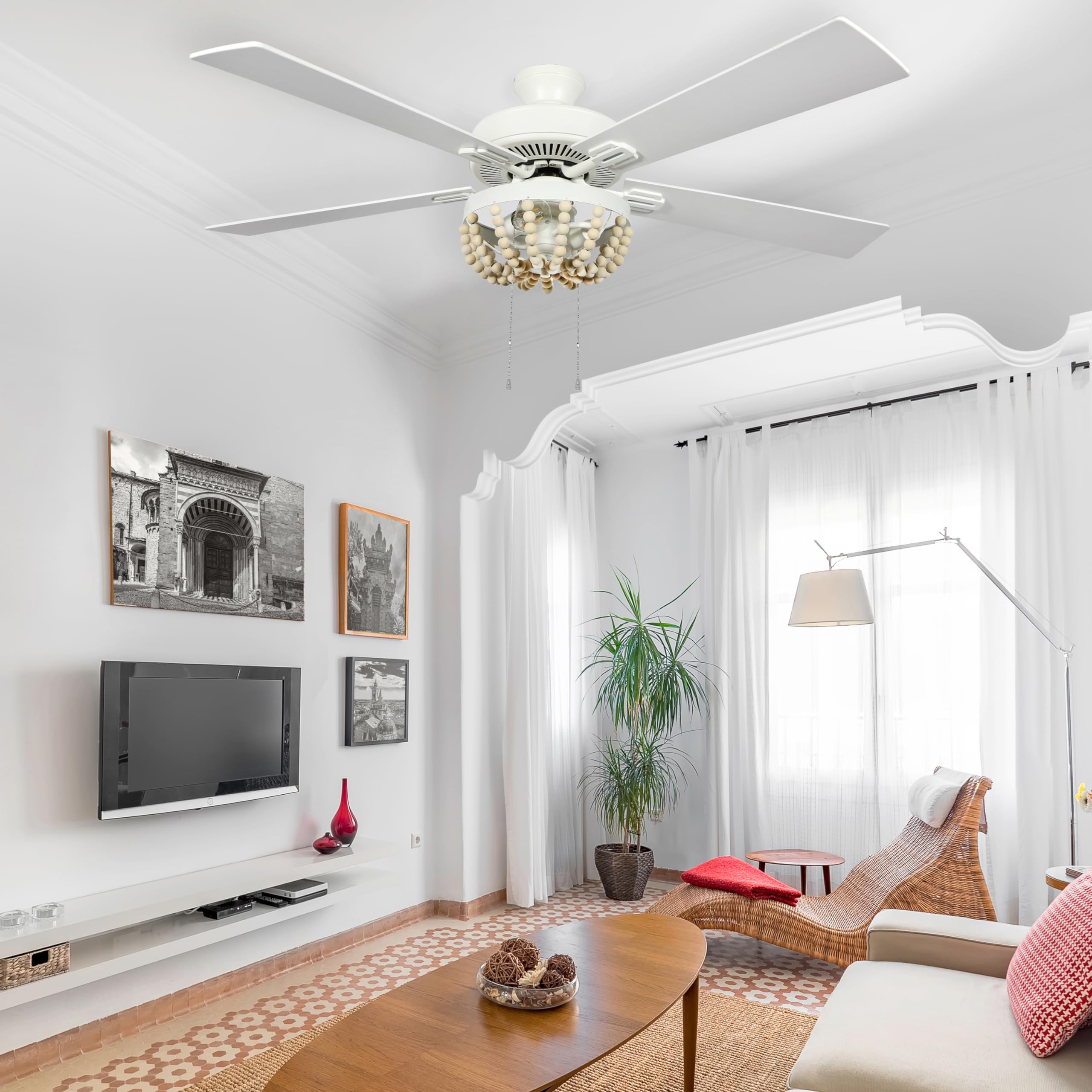 52 Inch Coastal Wooden Bead LED Ceiling Fan with Remote Control - Cream White Finish - Perfect for Beach House, Bedroom, Living Room & Patio Cooling