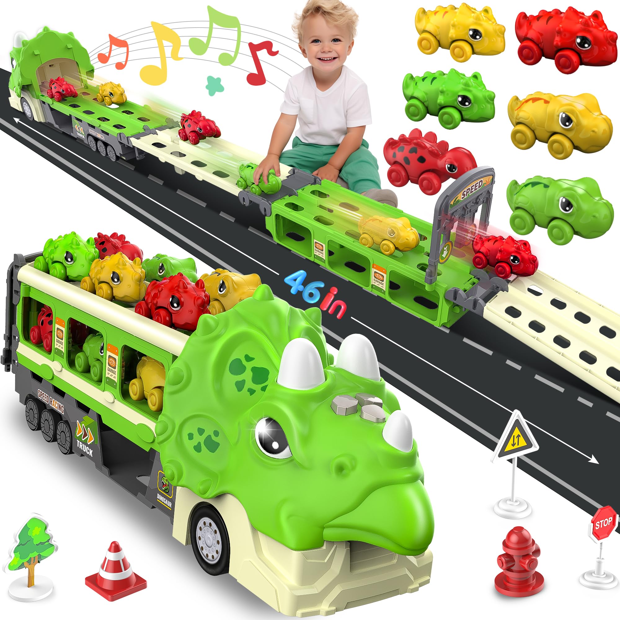 Hot Bee Foldable Dinosaur Race Track Toy Set with 6 Dino Cars & 12 Road Signs - Interactive Sound Toy Trucks for Toddlers 2-6 Years Old | Perfect Birthday Gift for Boys | Indoor & Outdoor Play, Preschool Learning, Imaginative Play