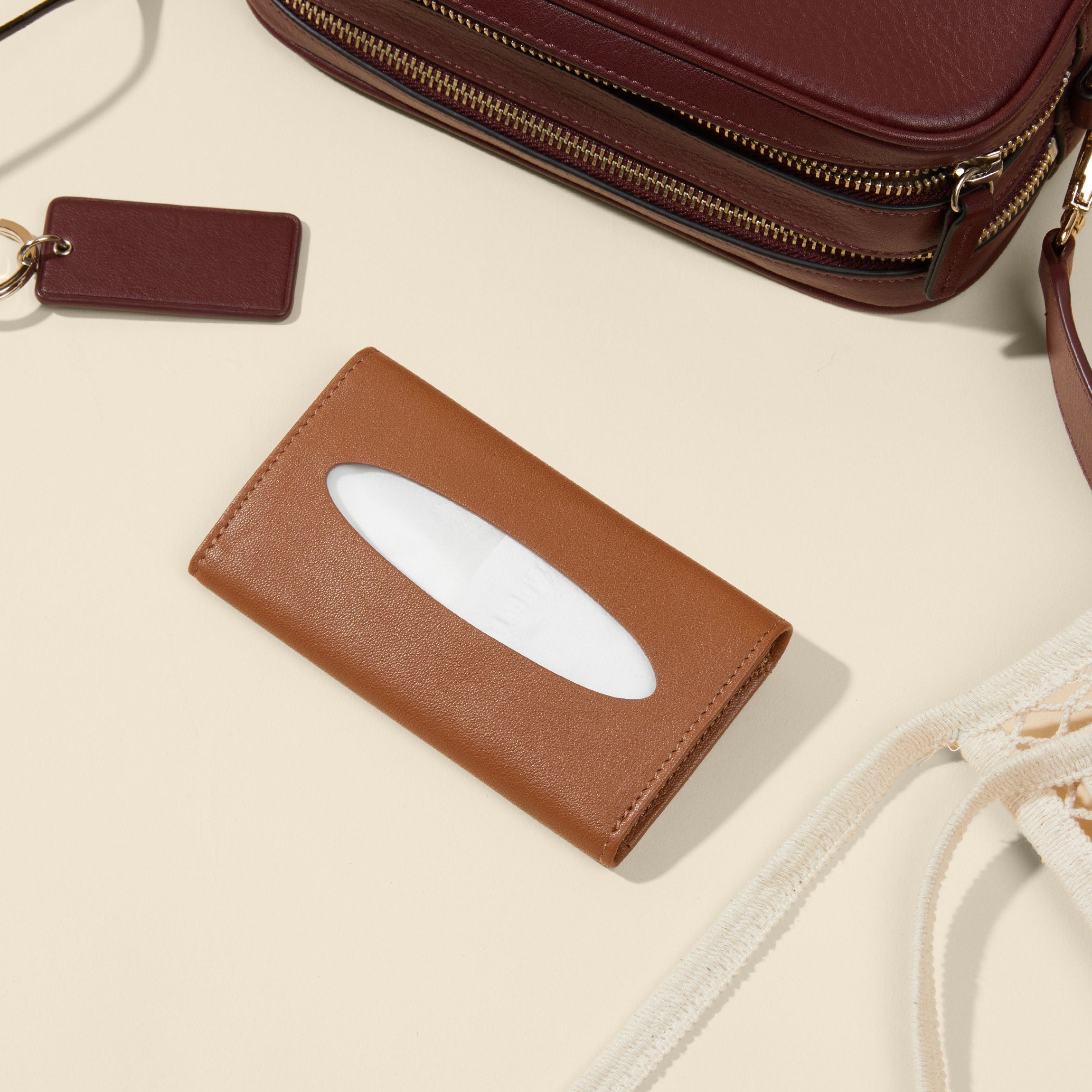 Premium Leather Pocket Tissue Holder - Cognac Brown, Compact & Stylish for On-the-Go Use - Perfect for Travel, Office, and Everyday Essentials