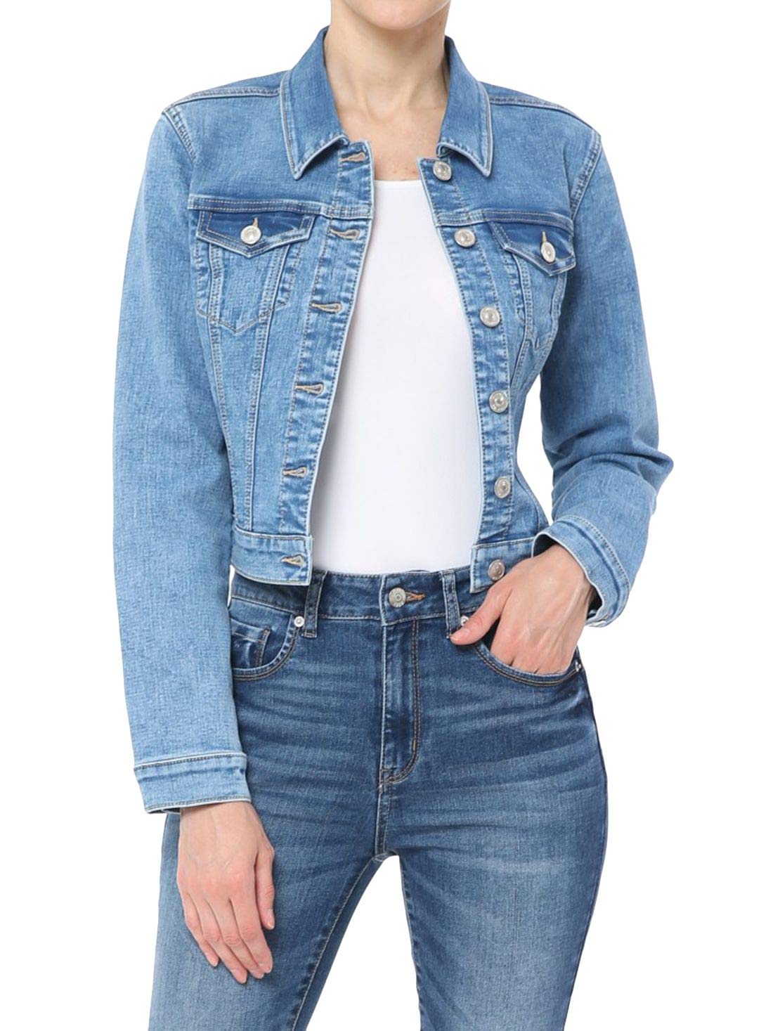 FashionMille Women's Stretchy Knit Comfortable Denim Jean Jacket - Casual Outerwear for Spring & Fall, Perfect for Daily Wear, Travel, and Outdoor Activities