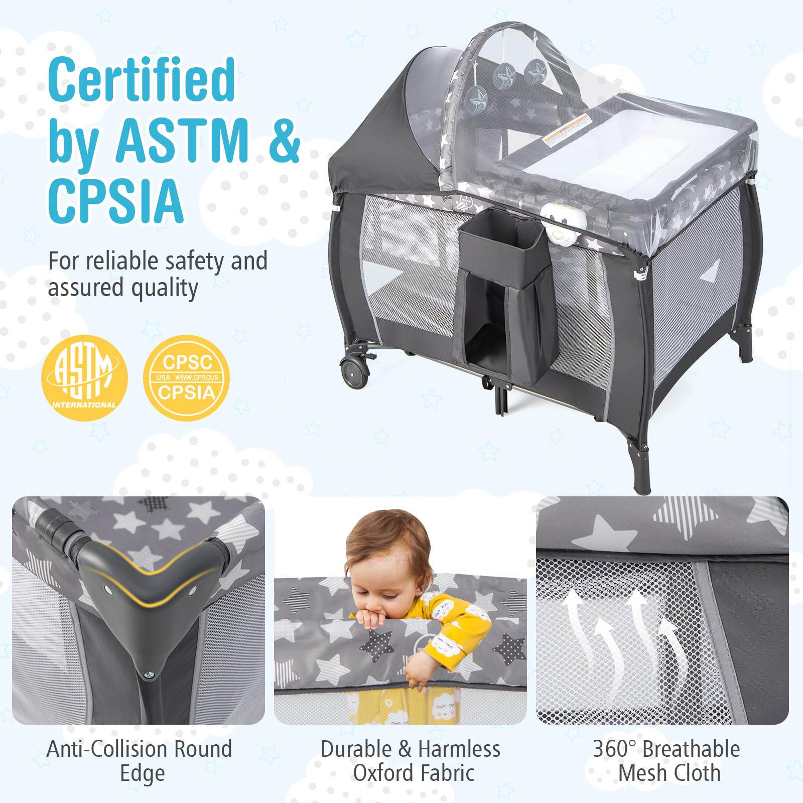 BABY JOY 4-in-1 Portable Playard with Bassinet, Changing Table & Music Box - Adjustable Canopy, Lockable Wheels - Travel Crib for Newborn to Toddler - Perfect for Nursery, Daycare & Family Trips
