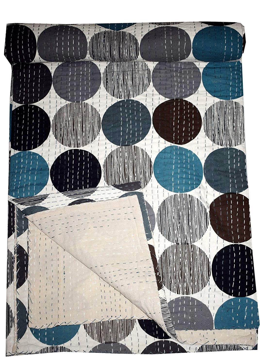 Sophia-Art Handmade Kantha Quilt Queen Size - Indian Sari Bedspread Blanket & Throw - Black Polka Dot Ethnic Home Decor for Bedroom, Living Room, Sofa - Perfect for Cozy Nights and Boho Chic Style