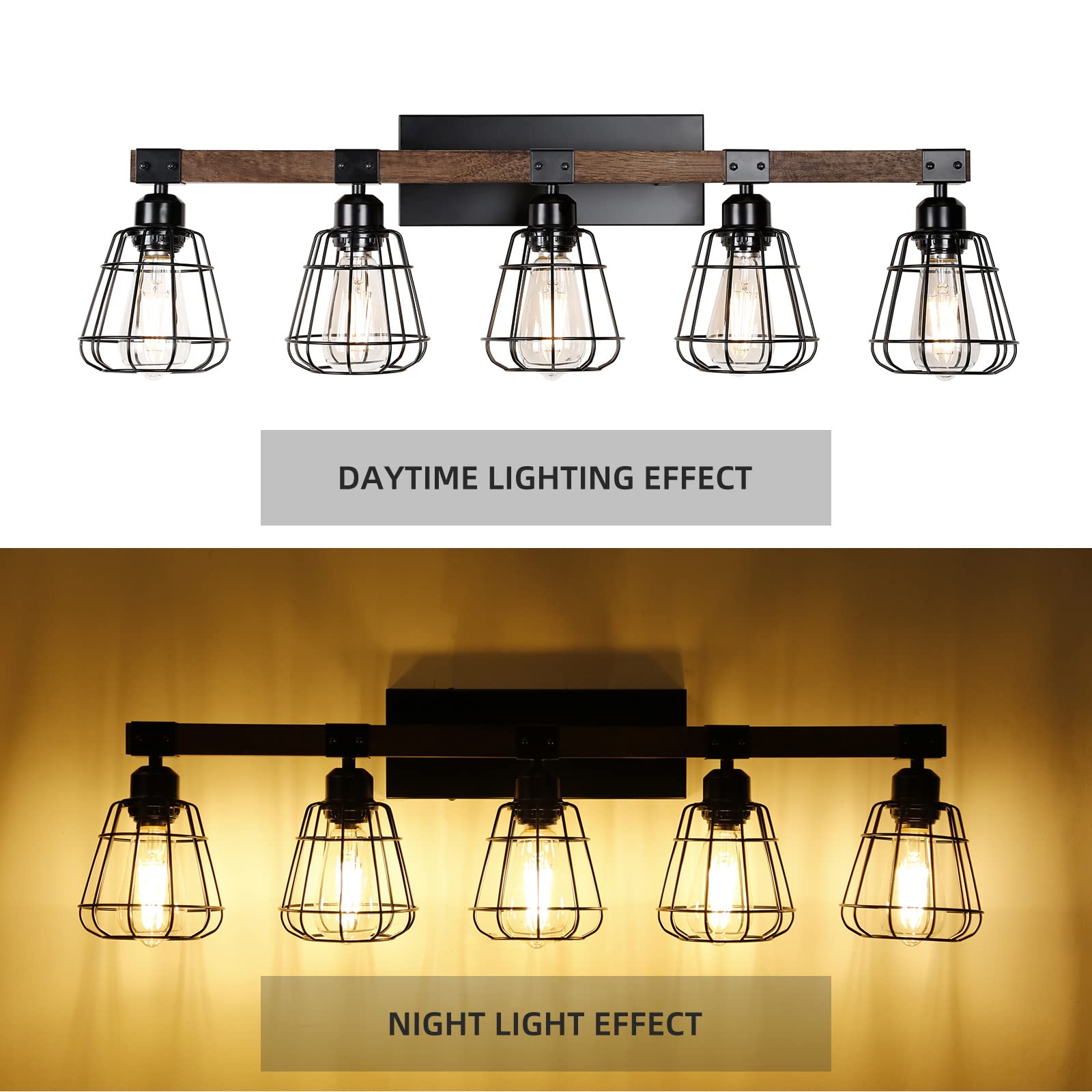 5-Light Modern Wall Sconce for Bathroom Vanity - Farmhouse Black Wood & Metal Cage Industrial Lighting - Perfect for Mirror Lighting, Powder Rooms, and Rustic Home Decor