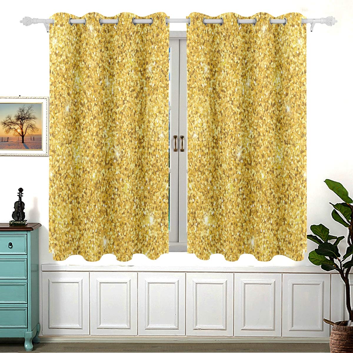 Gold Glitter Blackout Thermal Insulated Window Curtains - Set of 2 Panels (54