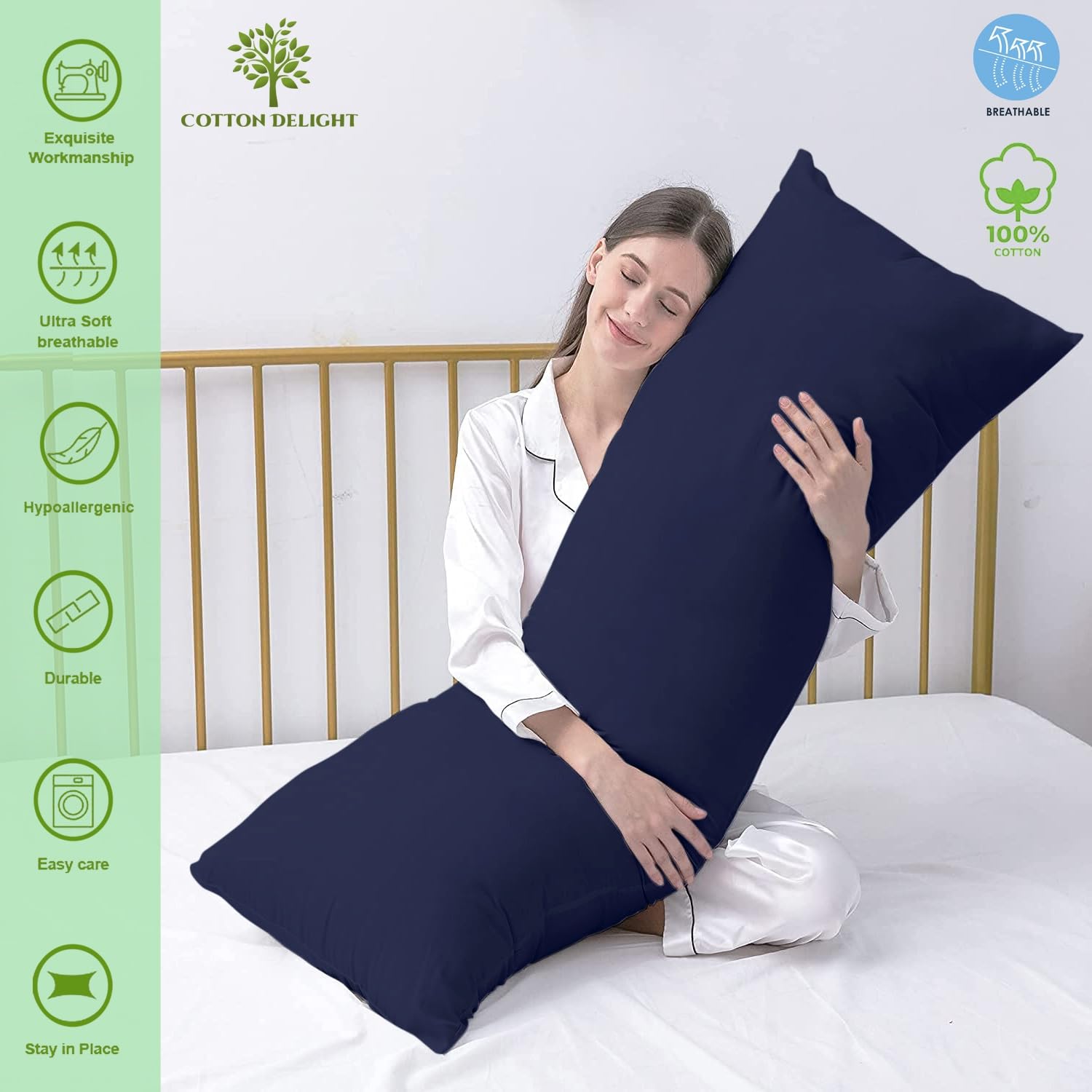 Premium 100% Natural Cotton Body Pillow Cover - 20x60 Inches, Navy Blue, 600 Thread Count, Zipper Closure - Soft & Breathable for Ultimate Comfort - Perfect for Bed, Sofa, Travel & Maternity Support