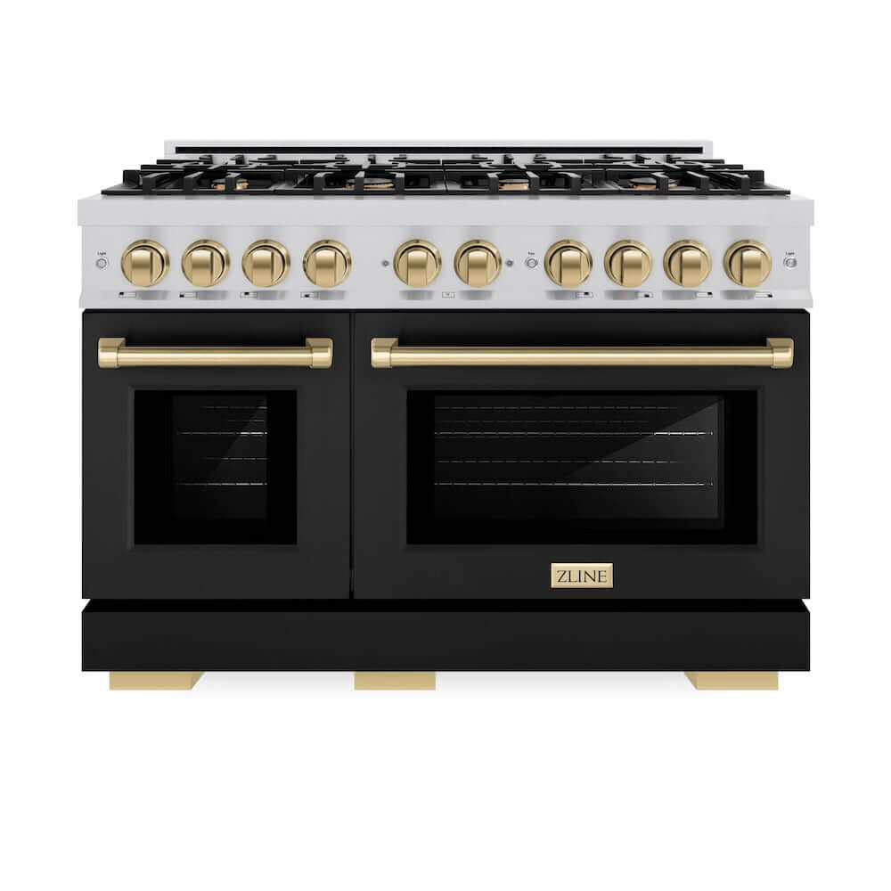 ZLINE Autograph Edition 48-Inch 6.7 cu. ft. Professional Double Oven Gas Range with 8 Burner Cooktop - Stainless Steel with Black Matte Doors & Champagne Bronze Accents (HGRZ BLM 48 CB) - Perfect for Large Kitchens, Home Chefs & Entertaining