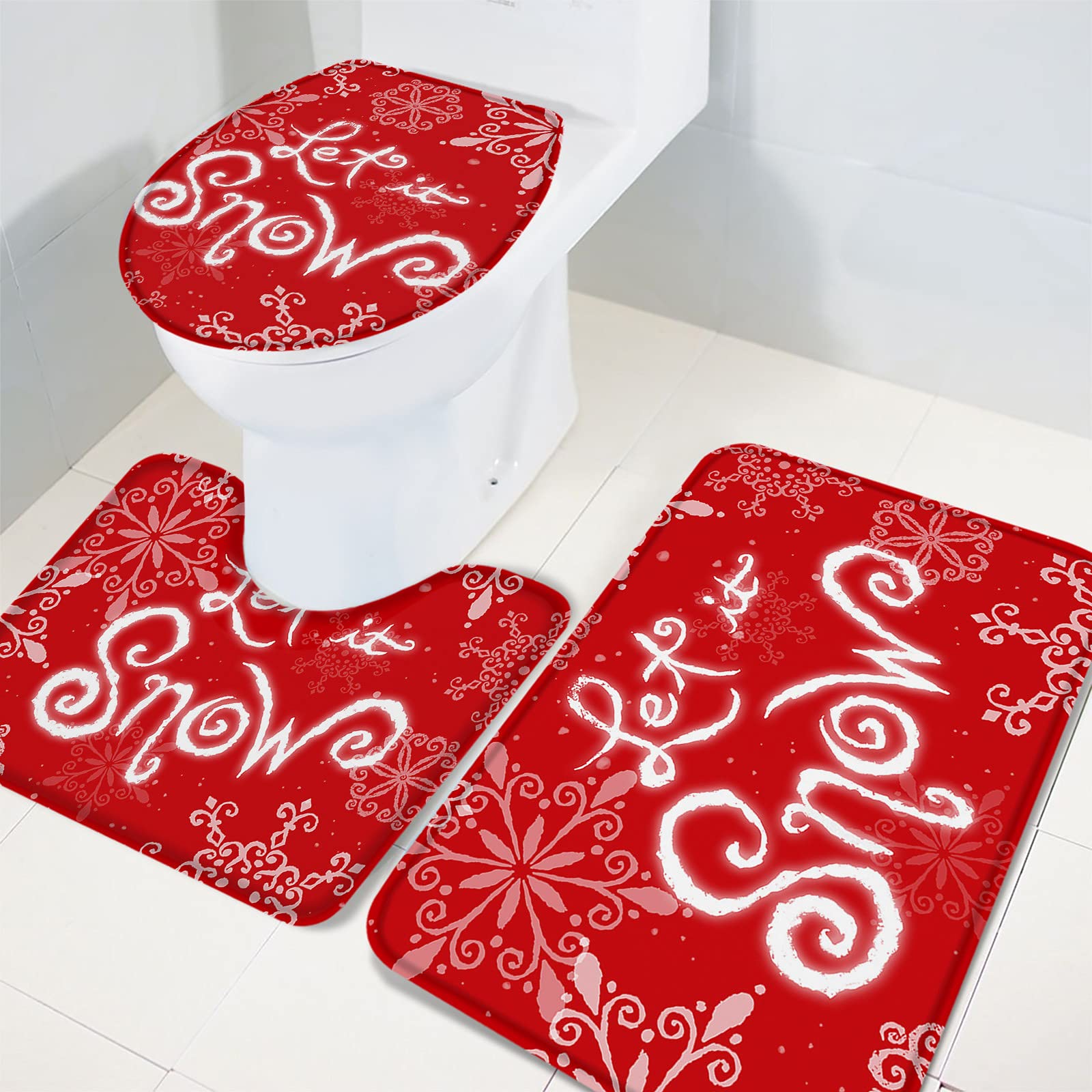 3-Piece Non-Slip Bathroom Rug Set - Snowflake Texture Absorbent Shower Mats with Contour Mat & Toilet Cover, Soft Christmas Red Bath Mat for Holiday Decor & Cozy Bathroom Safety
