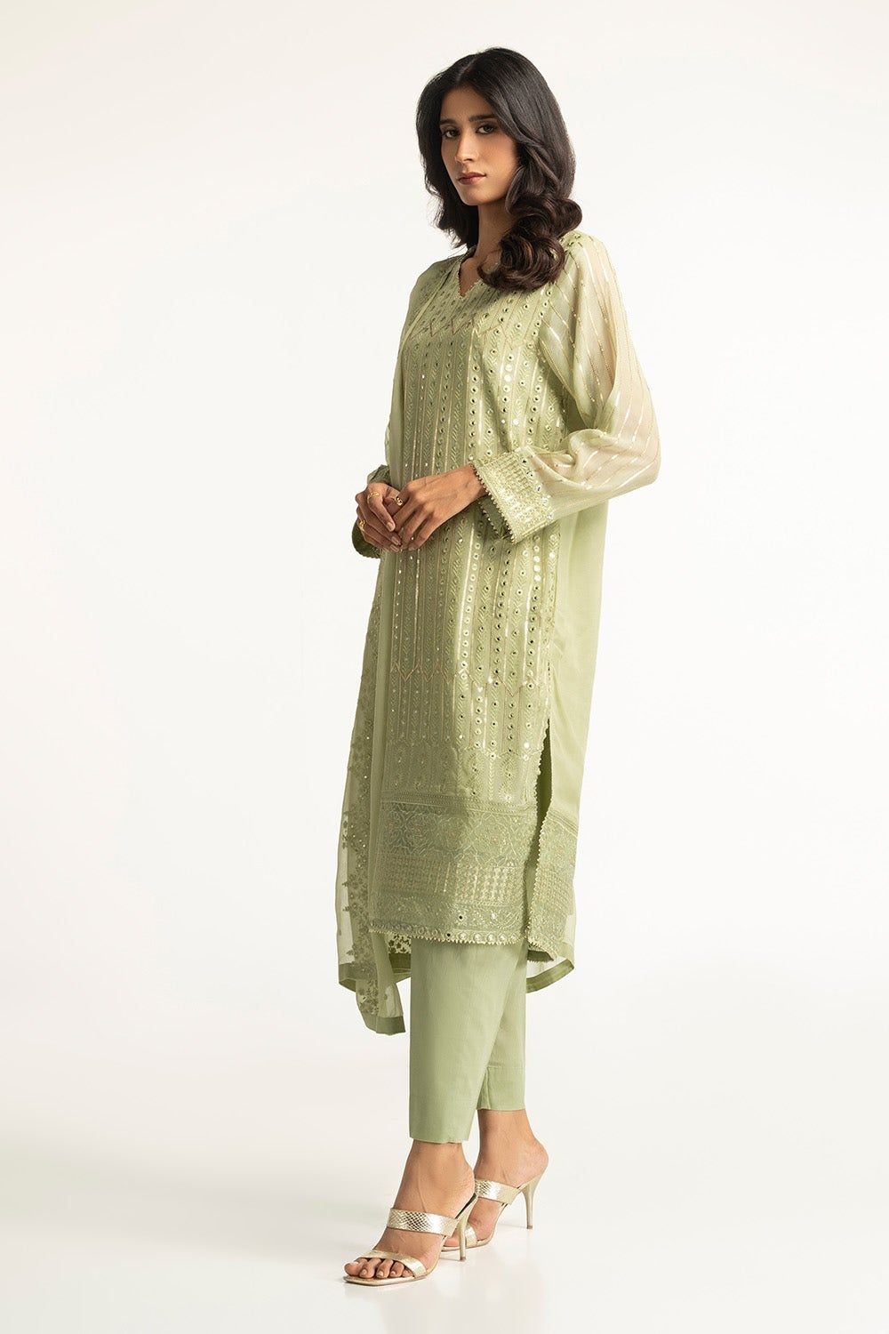 Gul Ahmed Embroidered Chiffon Green Stitched Suit for Women - Elegant Party Wear & Wedding Guest Outfit