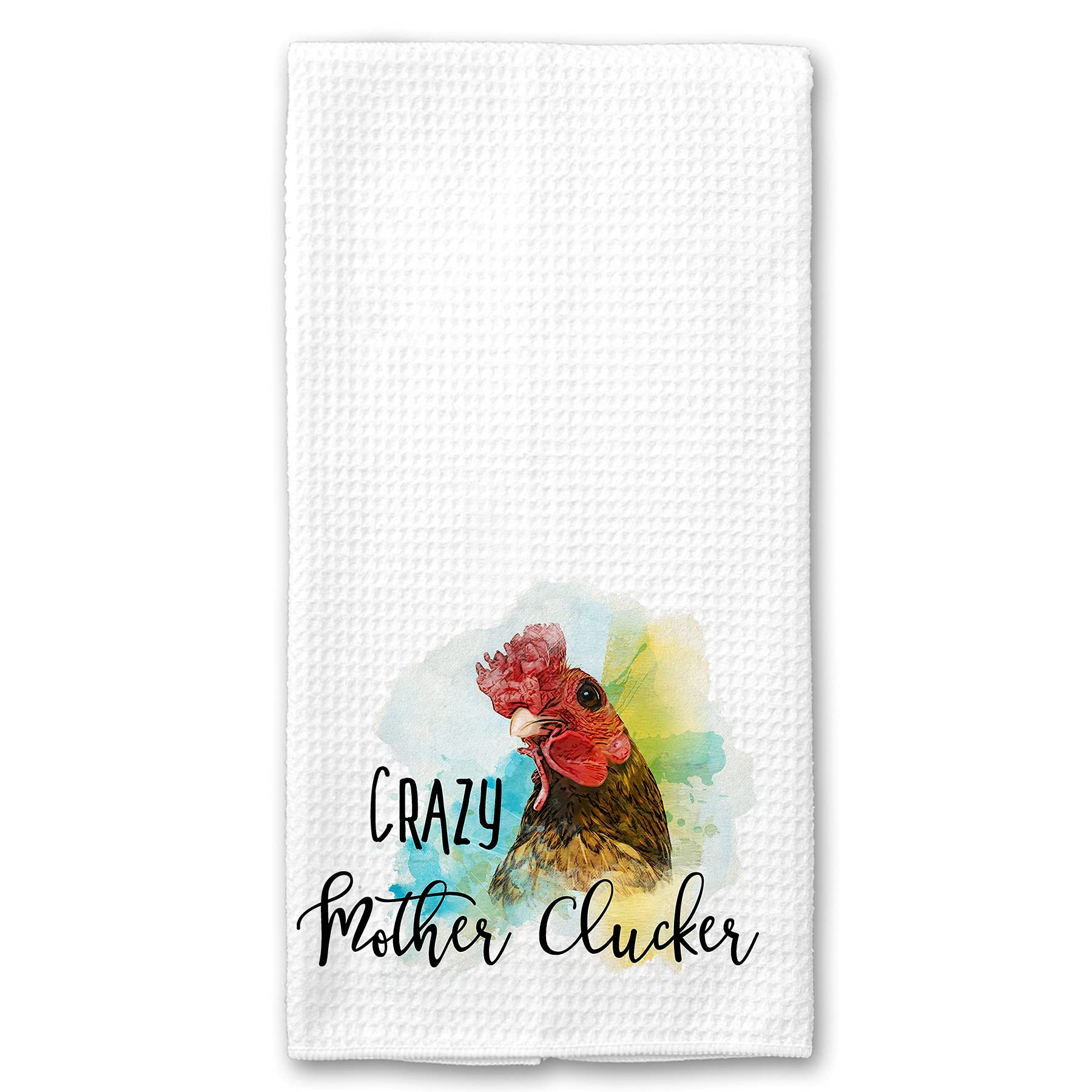 Funny Crazy Mother Clucker Rooster Chicken Design Farmhouse Kitchen Towel - Microfiber Waffle Weave Dish Towels for Drying Dishes - Perfect Farm Rustic Gift for Friends & Country Home Decor