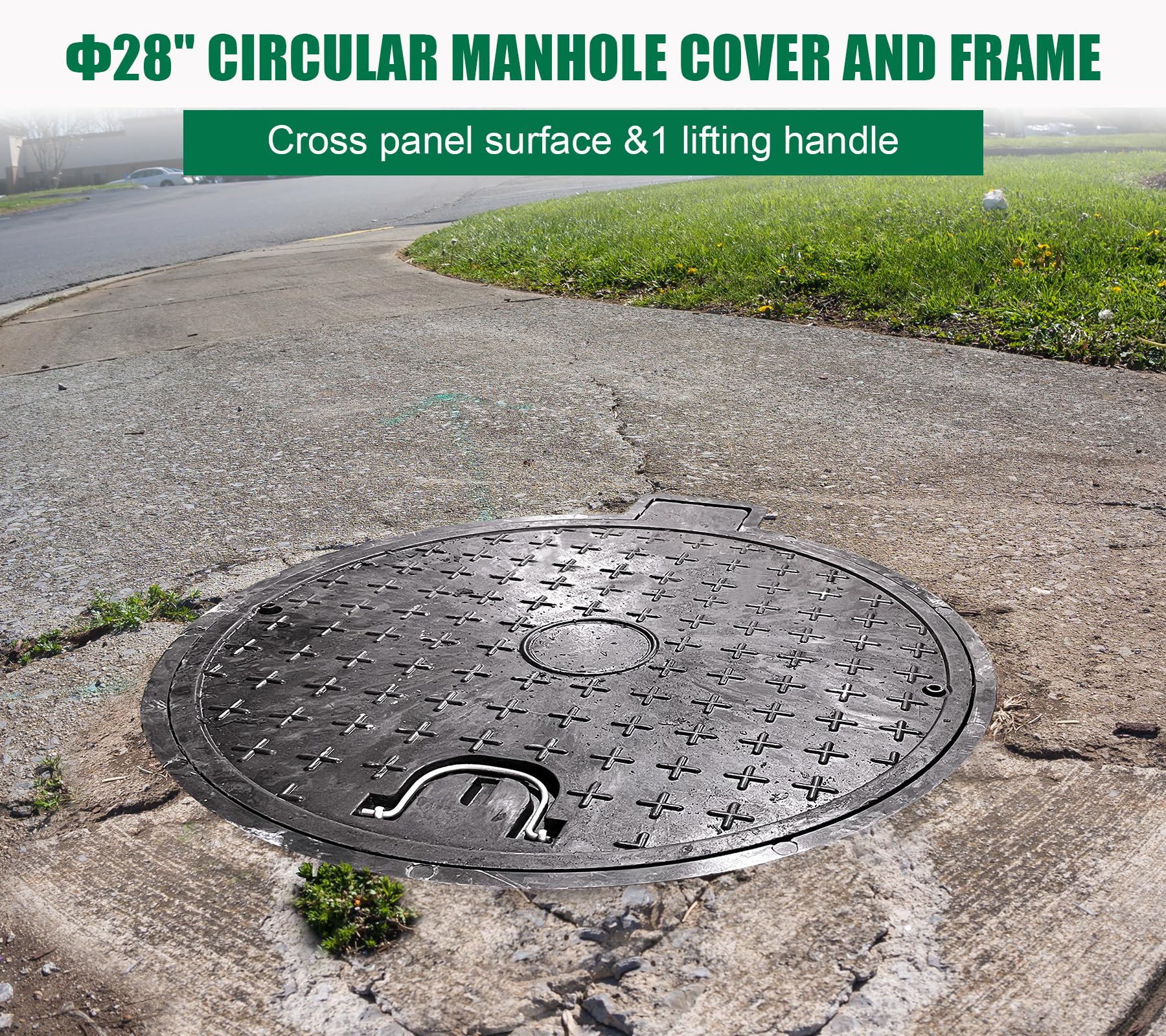 26in Fiberglass Manhole Cover with Reinforced Steel Frame - 24in Clear Opening Round Solid Top Septic Tank Lid - Bolted Down Base & Handle - Heavy Duty Sewer Cover (28in Overall Size) - Ideal for Underground Utility Access, Drainage Systems & Municipal Infrastructure