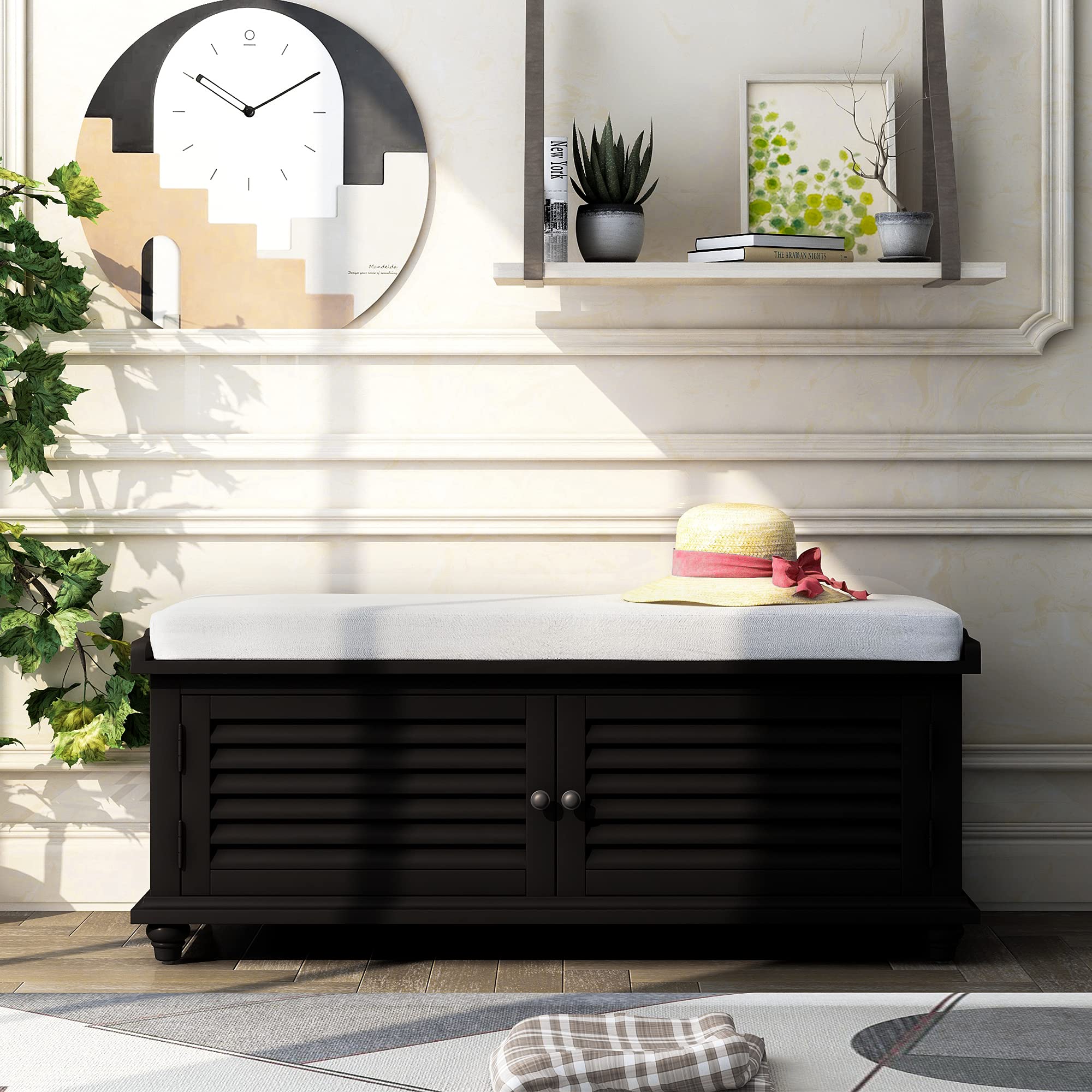 RUNNA Solid Wood Entryway Storage Bench with Removable Cushion - 2 Door Louver Shoe Bench for Hallway, Living Room & Entryway - Perfect for Organizing Shoes, Hats & Home Decor (Black)