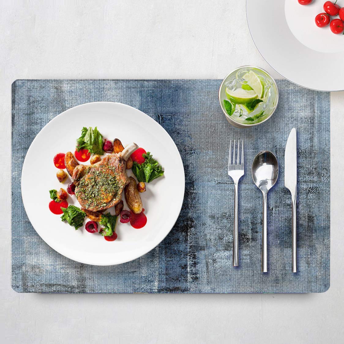 Abstract Art Placemats Set of 6 - Heat Resistant Linen Table Mats 18x12 Inches - Blue and Grey Modern Design for Dining Table - Perfect for Kids Meals, Dinner Parties & Home Decor