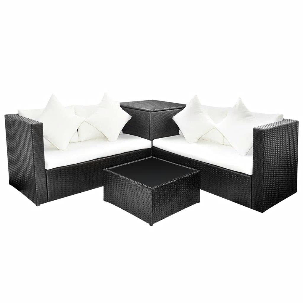 4-Piece Black Poly Rattan Garden Lounge Set with Cushions - Outdoor Patio Furniture for Deck, Porch, Lawn & Backyard - Perfect for Relaxing, Entertaining & Sunbathing