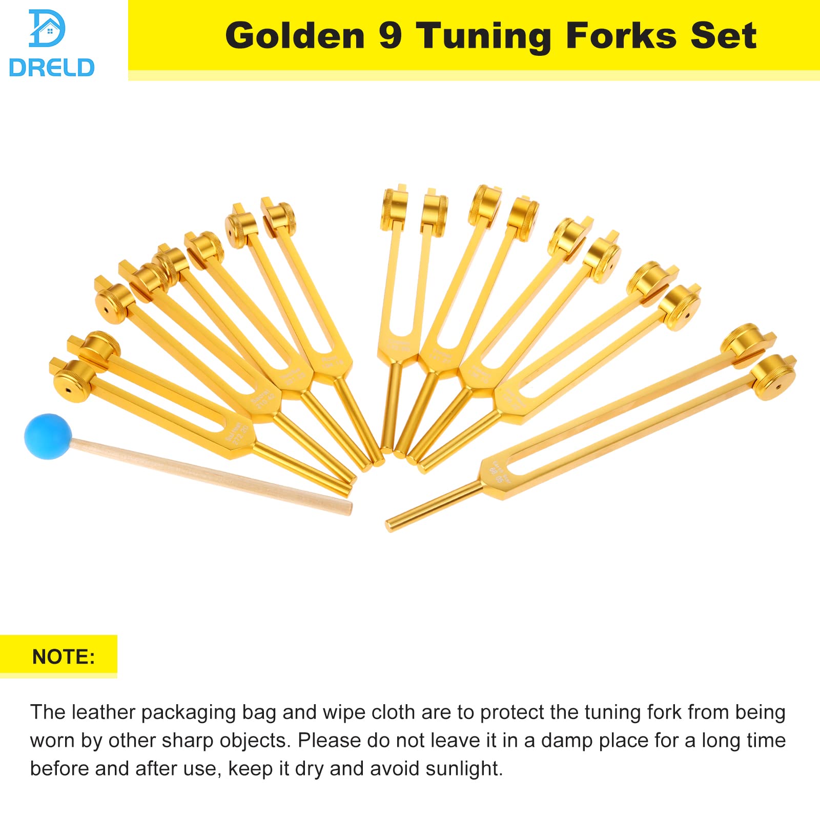 9 Gold Weighted Chakra Tuning Fork Set - 8 Chakra & 1 Soul Purpose Forks with Hammer & Storage Bag | Sound Healing, Meditation & Energy Balancing Tool for Holistic Wellness