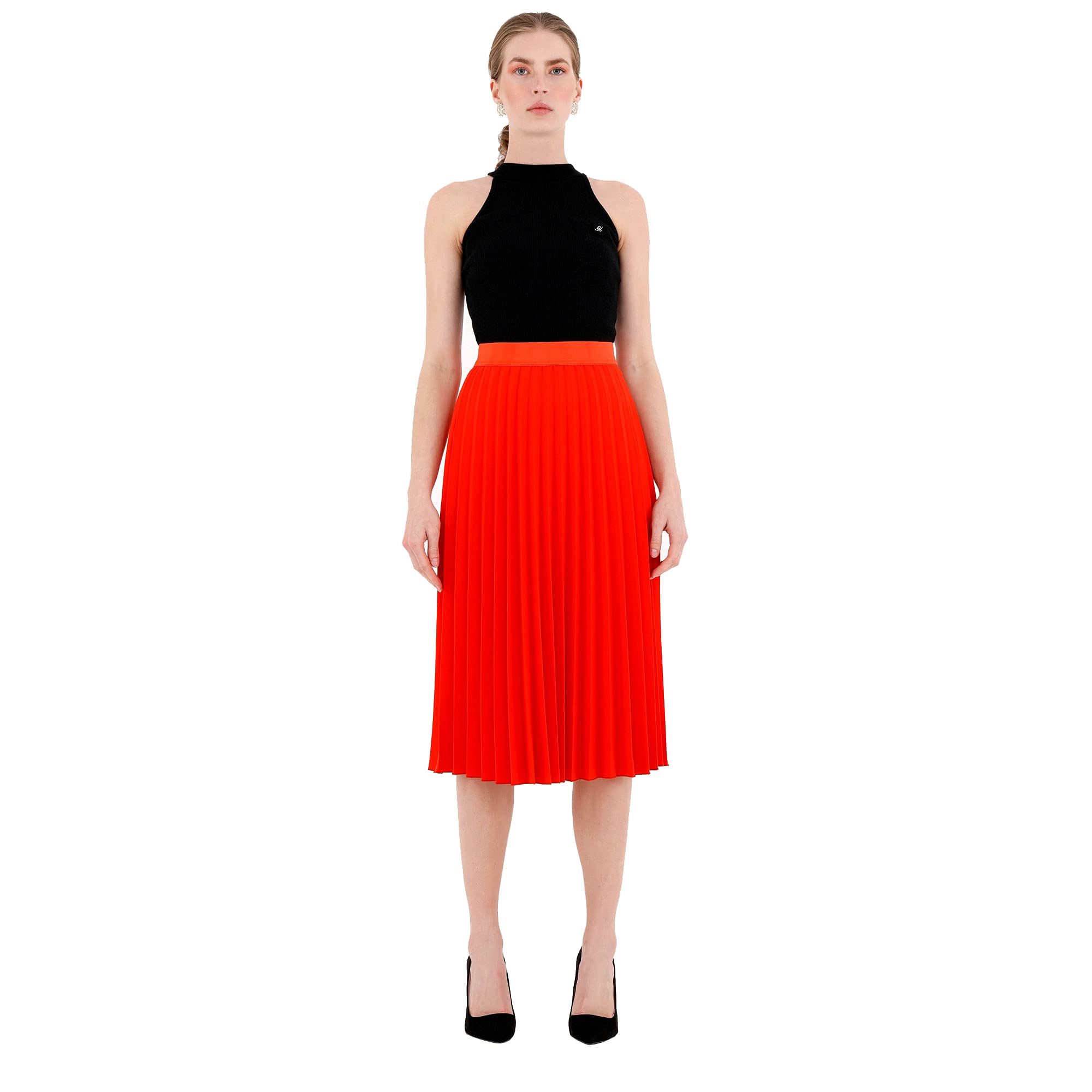 G-Line Pleated Skirt for Women - High Waist Elastic Waistband Knee-Length Midi Skirt - Perfect for Office Wear, Date Nights & Casual Outfits