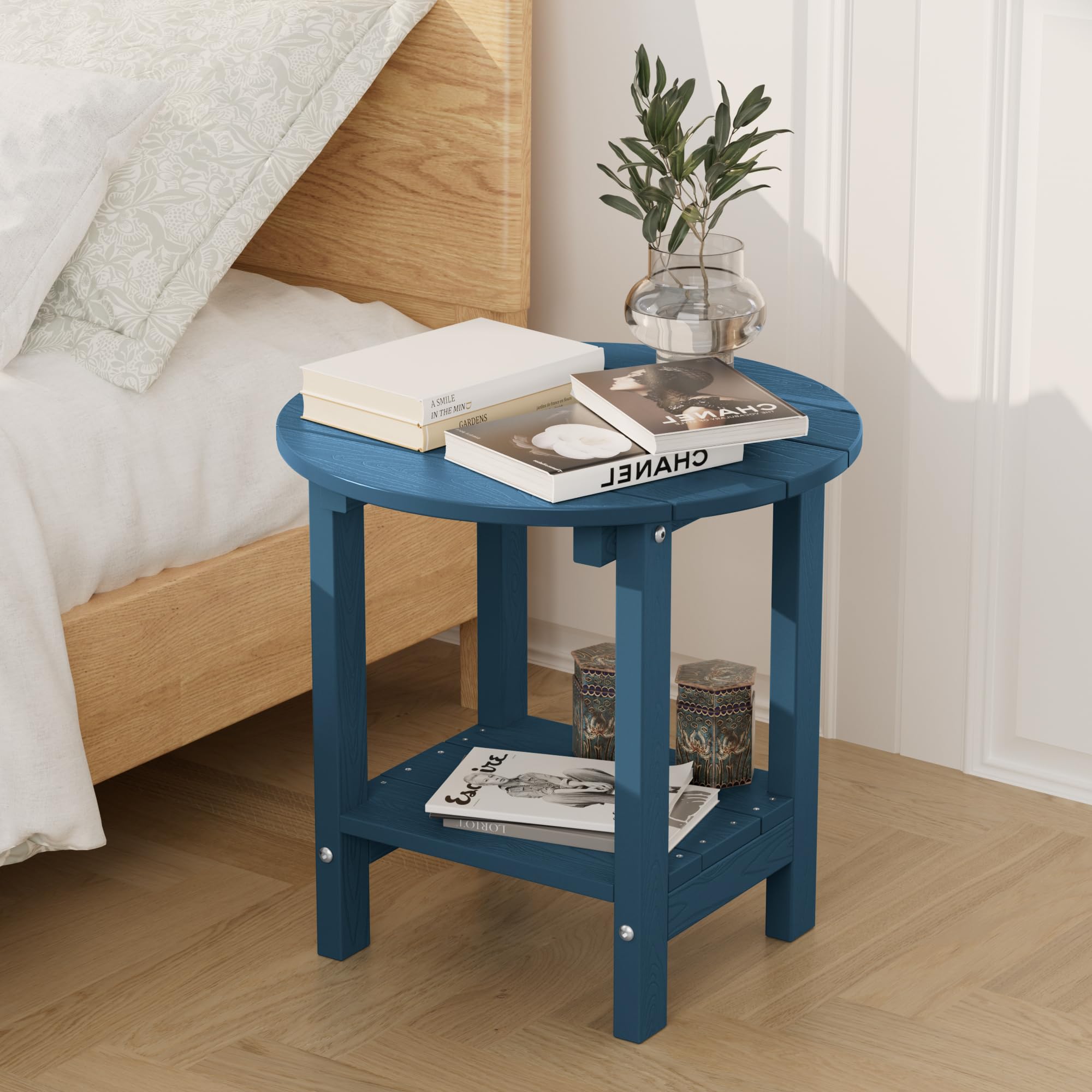 MXIMU 18-Inch Round Outdoor Side Table with Storage Shelf - 2-Tier Plastic Patio End Table for Balcony, Backyard, Lawn, Poolside & Deck - Navy Blue Adirondack Chairside Table (1 Pack)