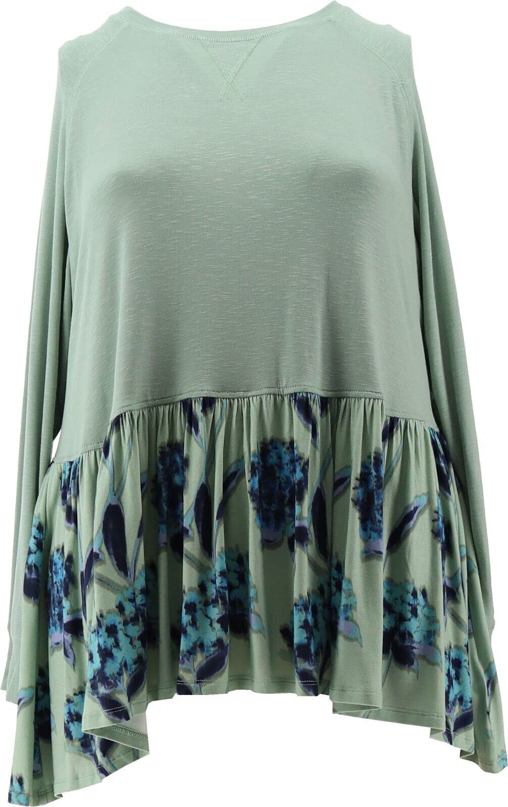 DG2 Printed Peplum Hi-Low Hem Top for Women | Flowy Moss Green Blouse | Plus Size 1X | Casual & Dressy Style | Perfect for Office, Date Night & Weekend Outings