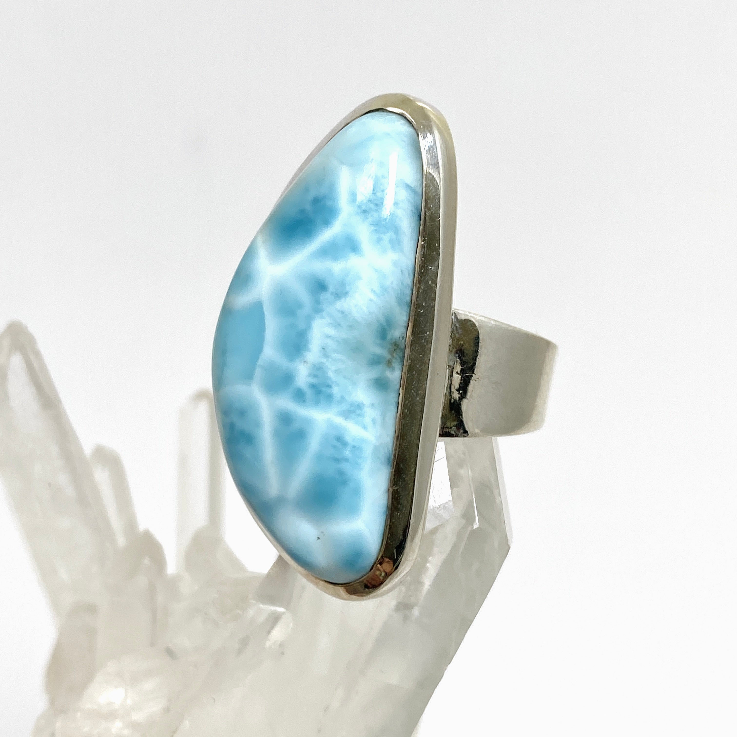 Larimar Freeform Cabochon Ring - Size 7.5 - Handcrafted Sterling Silver Jewelry - Perfect for Boho Fashion, Beach Wedding & Everyday Wear