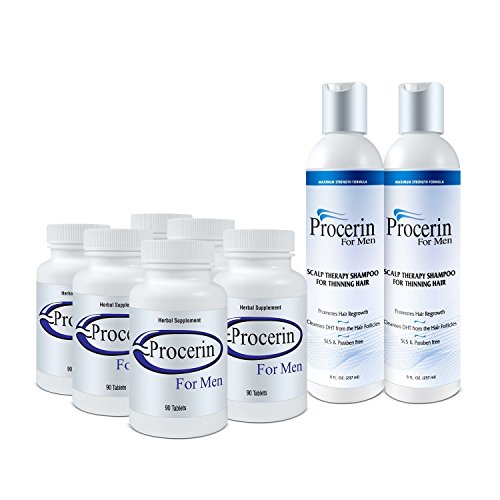 Procerin 6 Month Supply Hair Loss Treatment Tablets + 2 Procerin Hair Growth Shampoos for Men - Natural DHT Blocker & Thinning Hair Solution - Perfect for Daily Use at Home or Travel