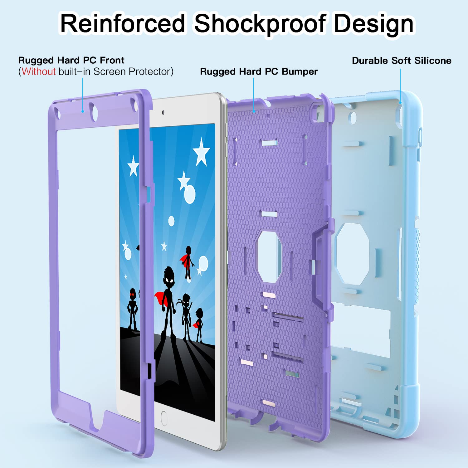 OKP Shockproof Rugged Case for iPad 6th/5th Generation & iPad Air 2 (9.7 inch) - Hybrid Protective Cover with Built-in Kickstand for iPad 9.7 inch 2017/2018 Models (Blue & Purple) | Perfect for Travel, Work, and School Use