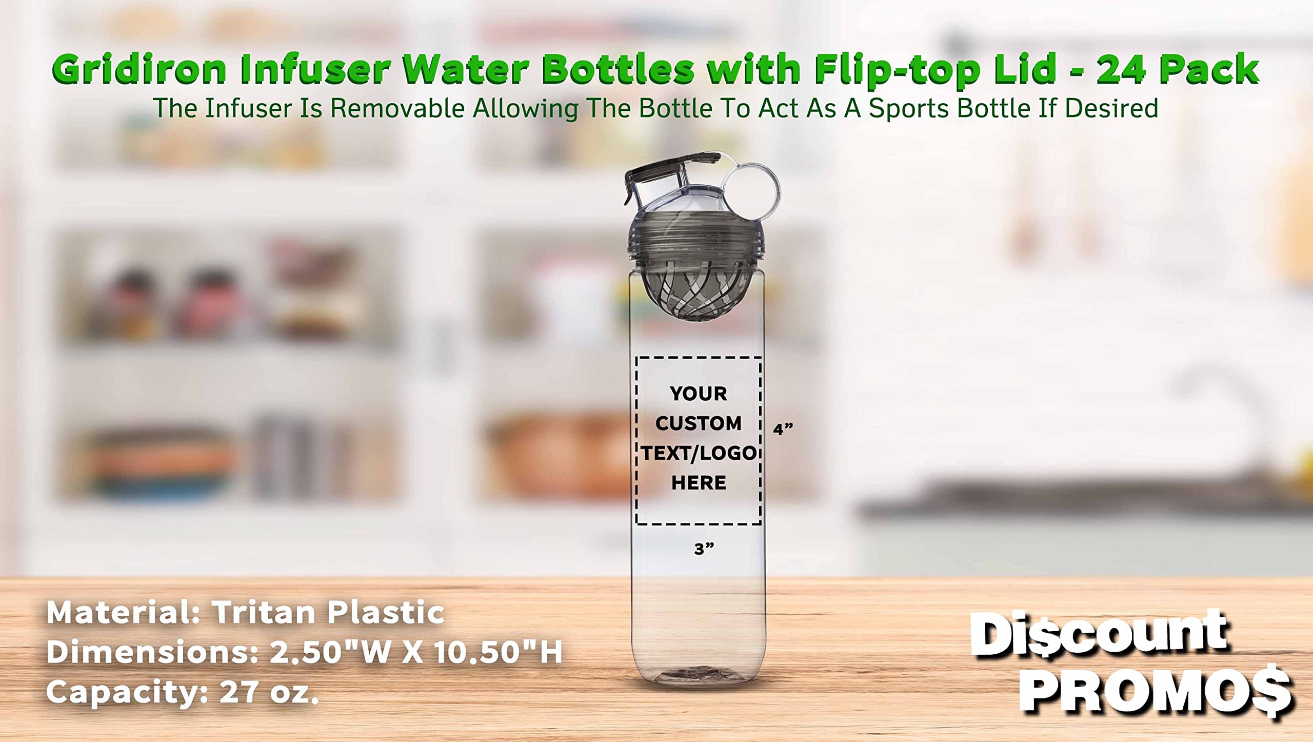 24 Pack Gridiron Infuser Water Bottles Set - 27oz BPA-Free Sports Bottles with Screw-On Flip-Top Lid, Leakproof & Customizable (Text/Logo) - Perfect for Gym, Hiking, Team Sports & Outdoor Activities