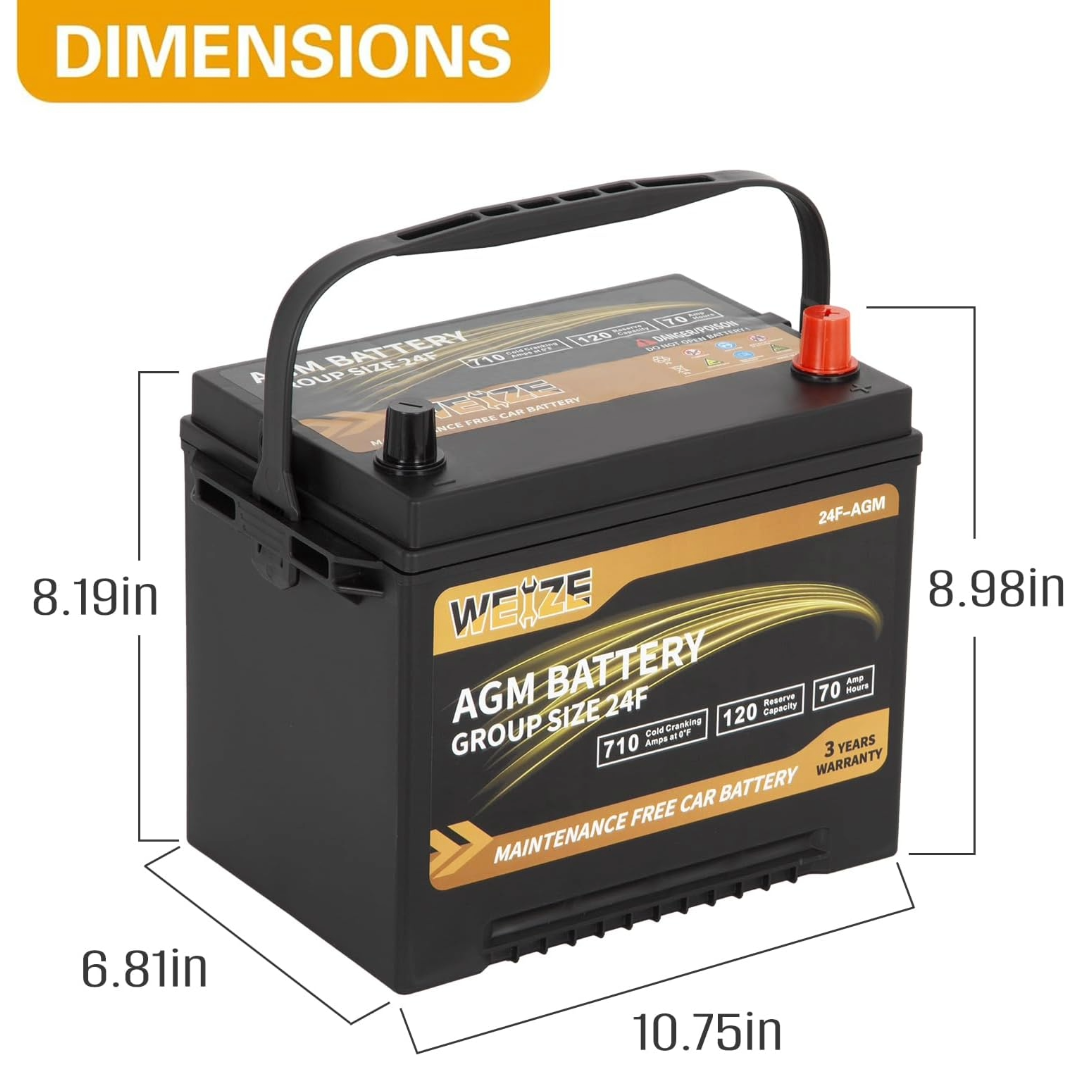 WEIZE Wise Series 24F AGM Car Battery - 12V 70Ah 710CCA Deep Cycle Automotive Replacement Battery for Trucks, SUVs, and Marine Vehicles - Perfect for Off-Roading, Boating, and Heavy-Duty Applications