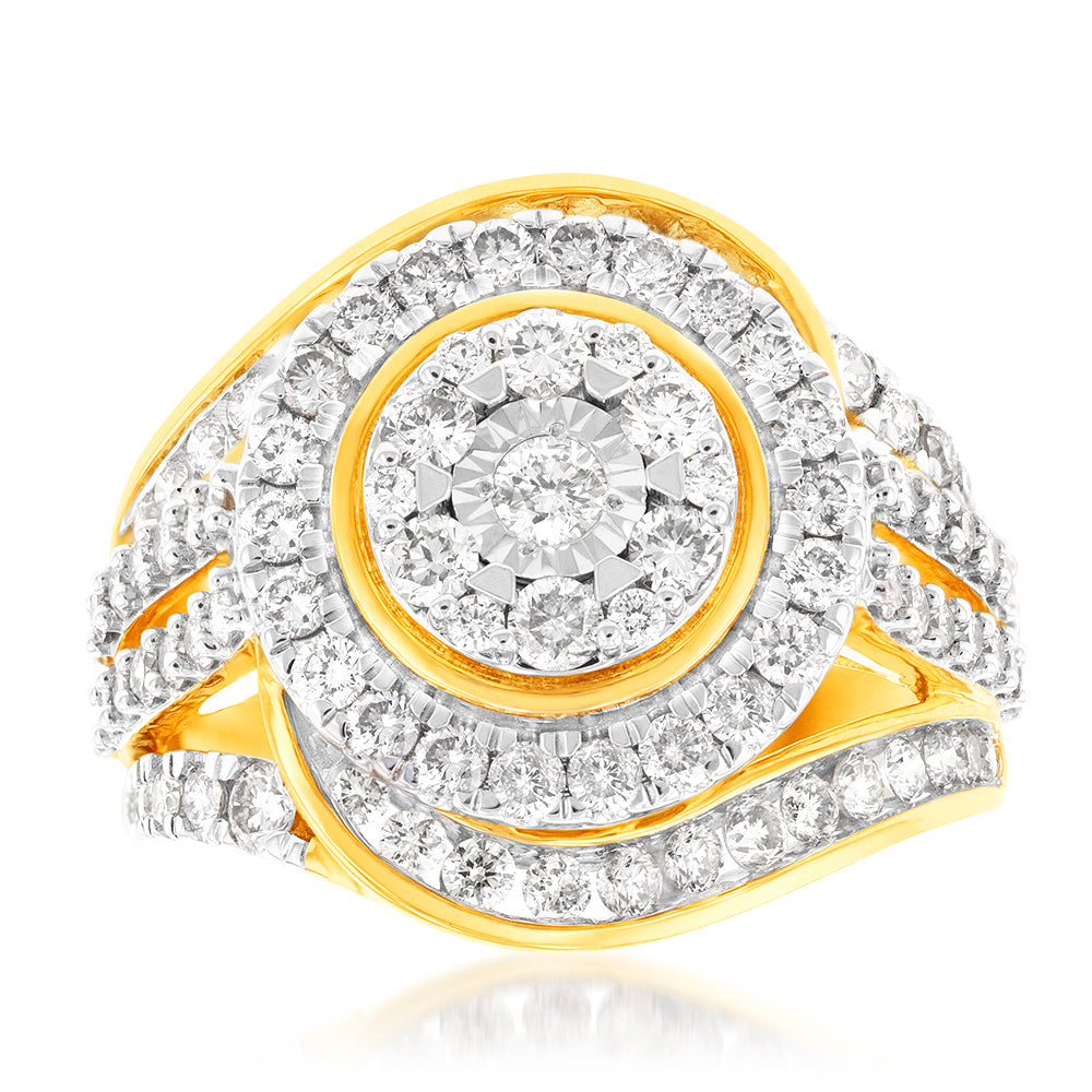 9ct Yellow Gold 2 Carat Diamond Ring with 99 Brilliant Cut Diamonds - Elegant Engagement & Wedding Ring for Women | Perfect for Proposals, Anniversaries & Special Occasions