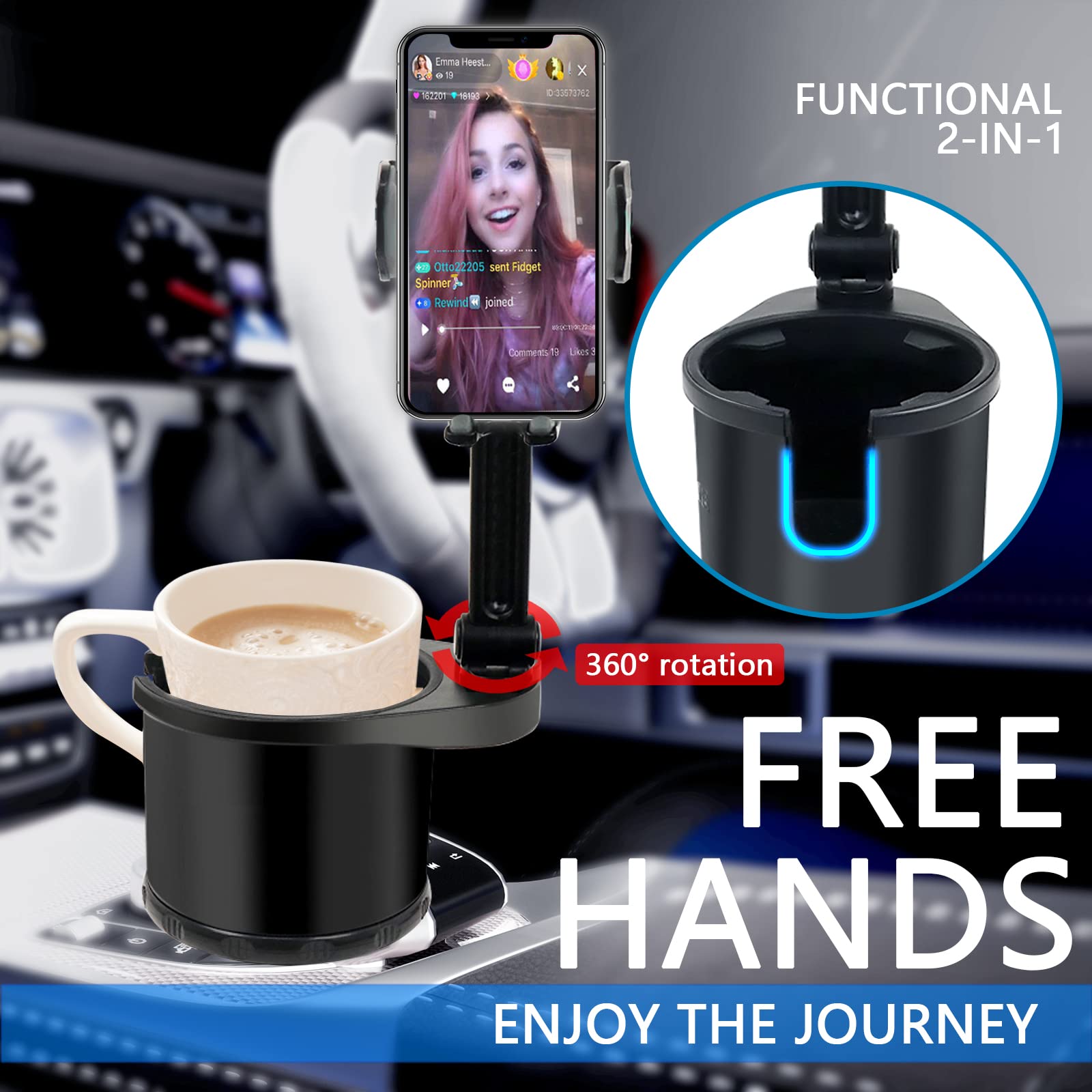 Upgraded 2-in-1 360° Rotating Universal Car Cup Holder Phone Mount - Adjustable Long Neck Base Compatible with All 4-7 Inch Smartphones (Black) | Perfect for Hands-Free Navigation, Road Trips & Daily Commuting