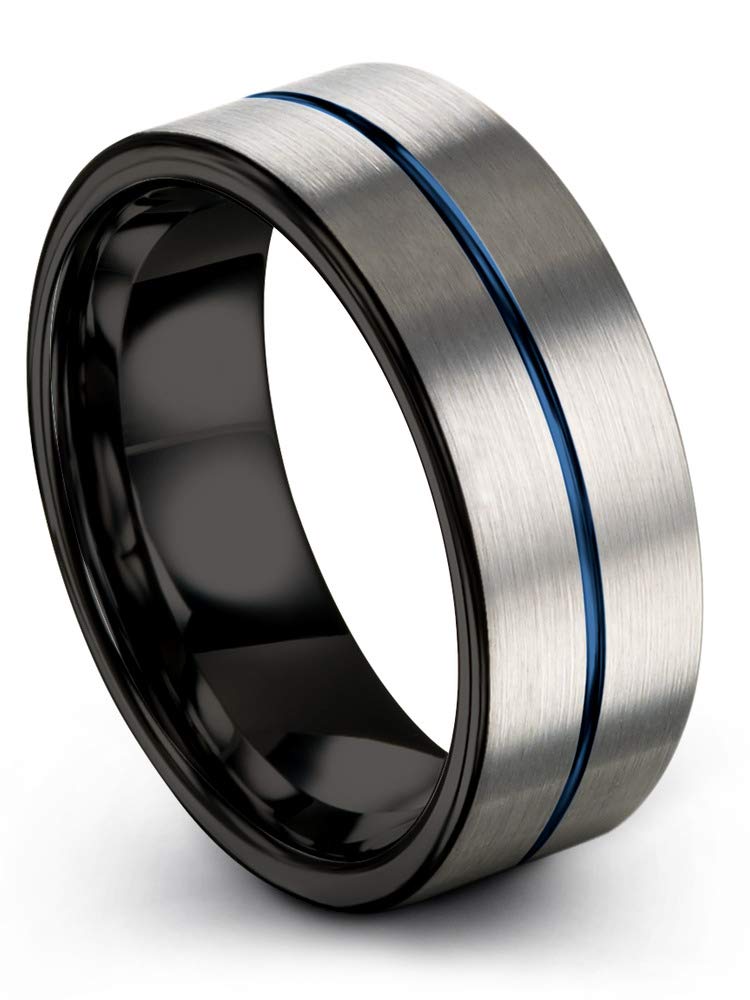 Tungsten Carbide Wedding Band Ring 8mm for Men & Women - Blue Black Center Line, Flat Cut, Brushed & Polished - Custom Engraved Anniversary & Engagement Ring - Perfect for Weddings, Proposals & Special Occasions