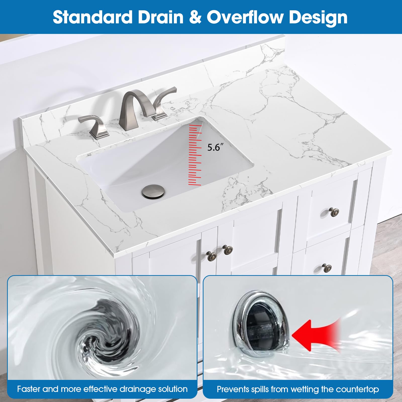 36 Inch Engineered Stone Bathroom Vanity Top with Undermount Left Side Rectangular Sink - 8 Inch Faucet Hole Spacing & Backsplash - Lightning White - Perfect for Modern Bathroom Renovations & Master Suite Upgrades
