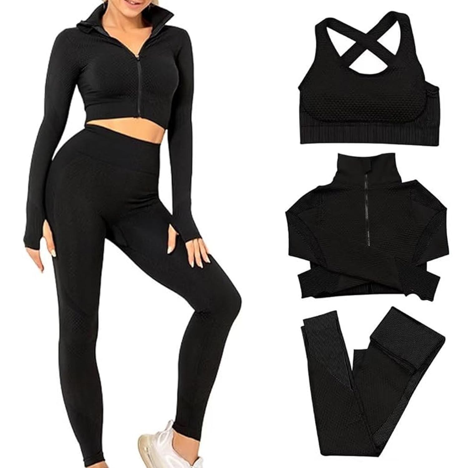 Women's 3-Piece Seamless Workout Set - Yoga Jacket, Sports Bra & High Waist Leggings | Gym Clothes for Women | Perfect for Yoga, Running & Fitness Training
