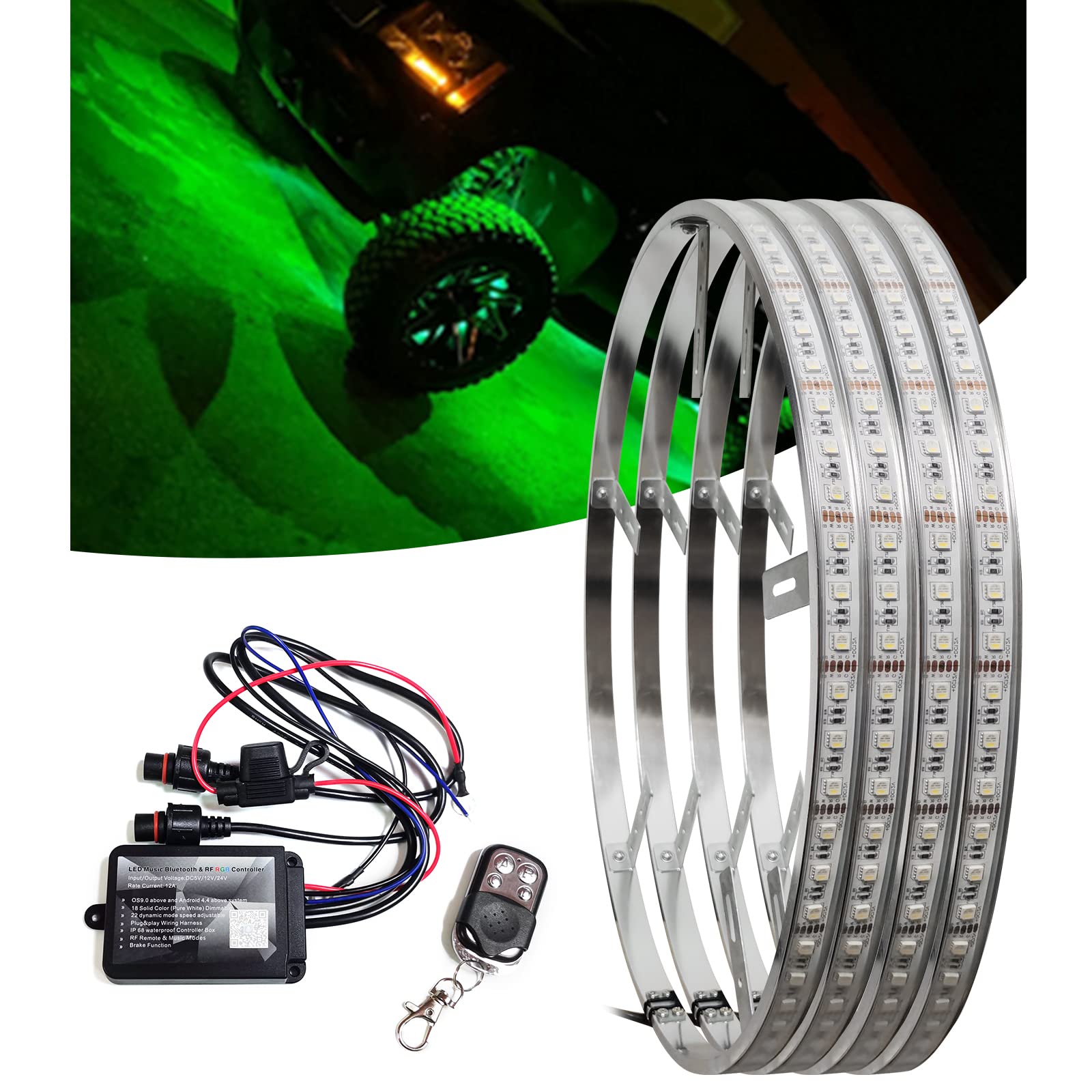 15.5 Inch RGBW LED Wheel Ring Lights - Waterproof Tire Light Kit with Braking Function & Remote/APP Control for Cars, Trucks, Pickups & Off-Road Vehicles - Perfect for Night Driving, Car Shows & Off-Road Adventures