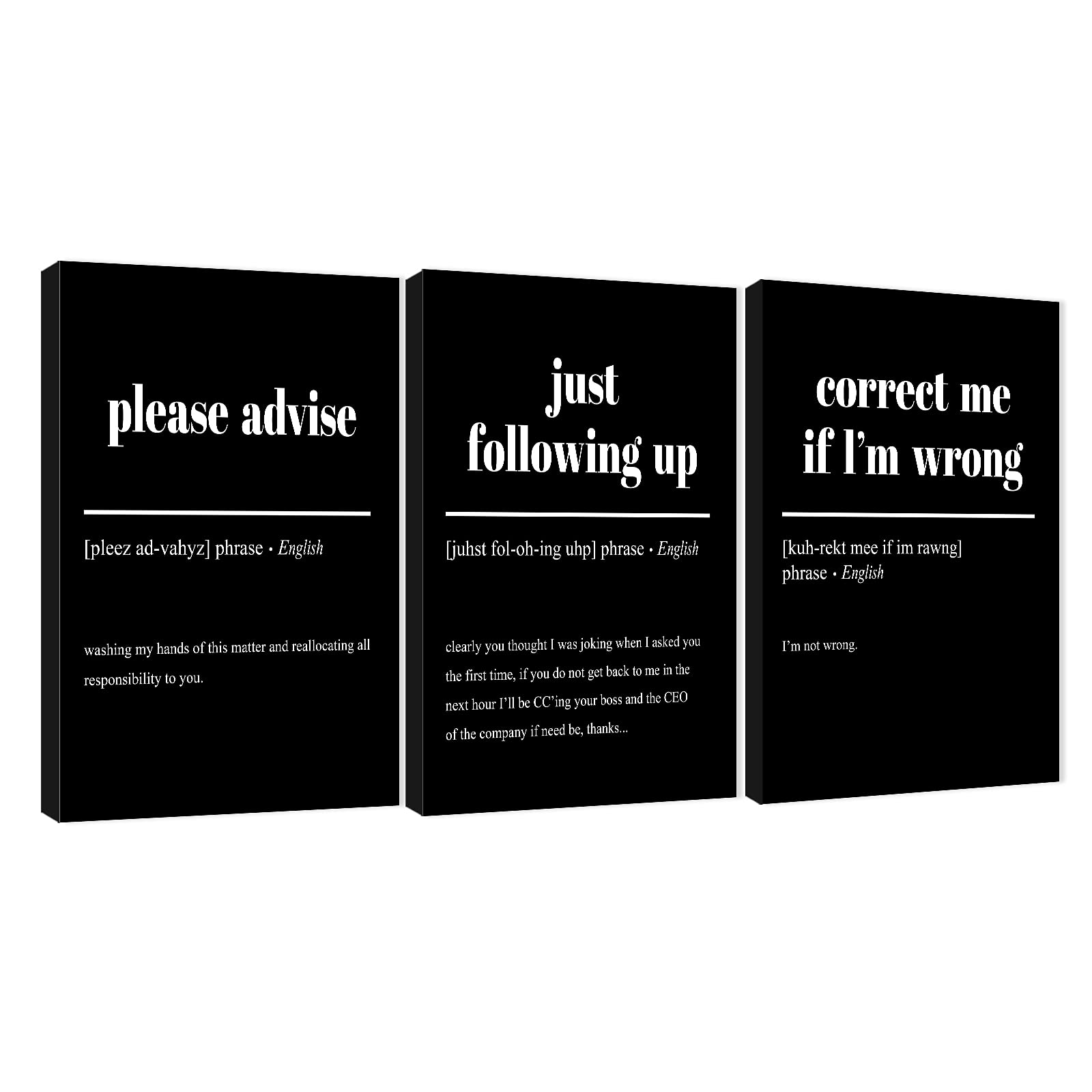 3-Piece Motivational Canvas Wall Art for Office Decor - Black & White Inspirational Quotes Framed Artwork (16