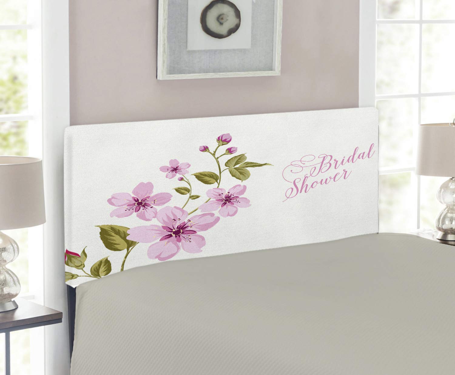 Ambesonne Floral Upholstered Headboard - Twin Size Bridal Shower Decor with Memory Foam, Pale Pink & Green Lilac Design - Perfect for Bachelorette Parties, Wedding Guest Rooms & Spring-Themed Bedrooms
