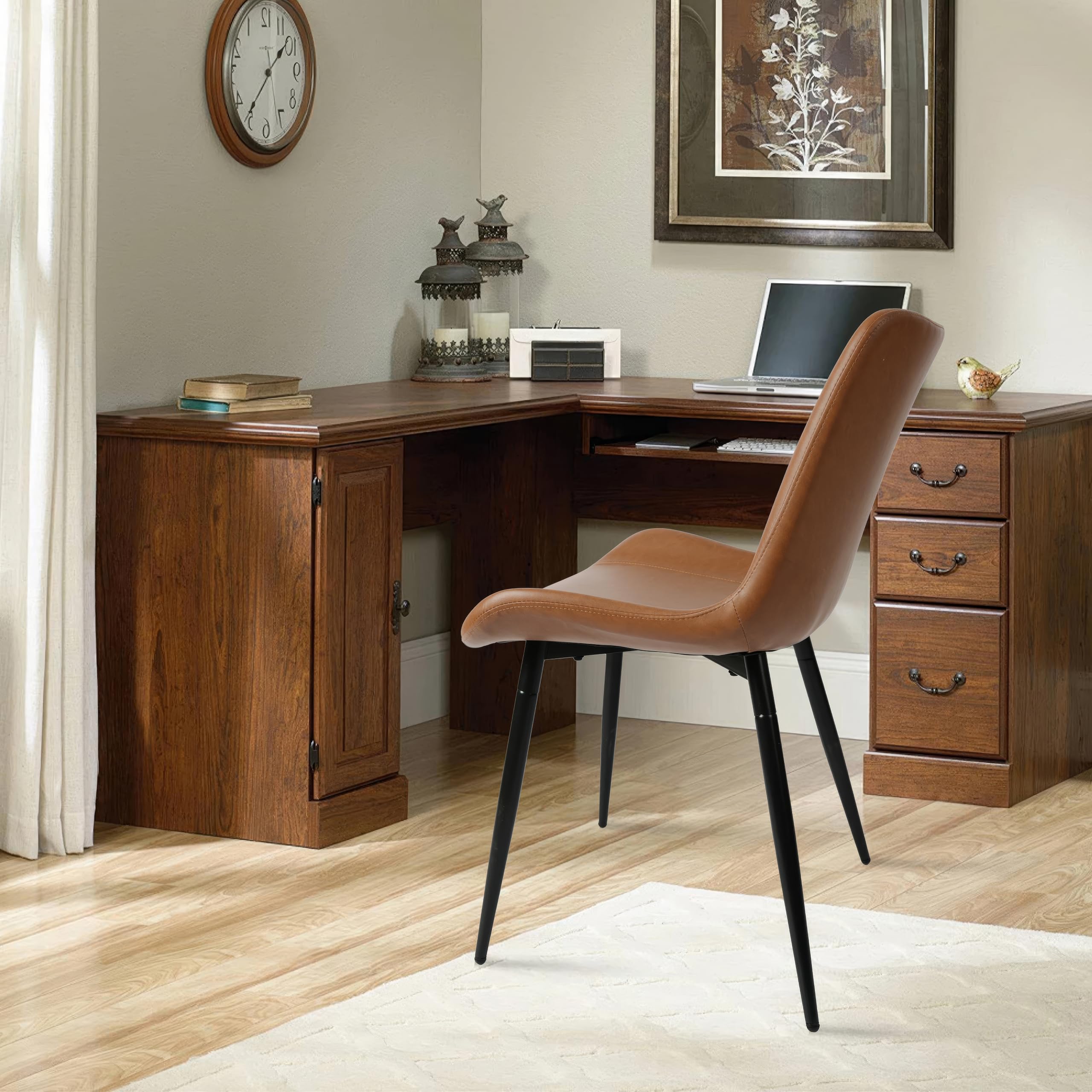 4-Piece Faux Leather Dining Chair Set - Modern Armless Upholstered Kitchen Chairs with Black Metal Legs - Comfortable Restaurant & Living Room Accent Chairs for Home, Office, and Cafe Use