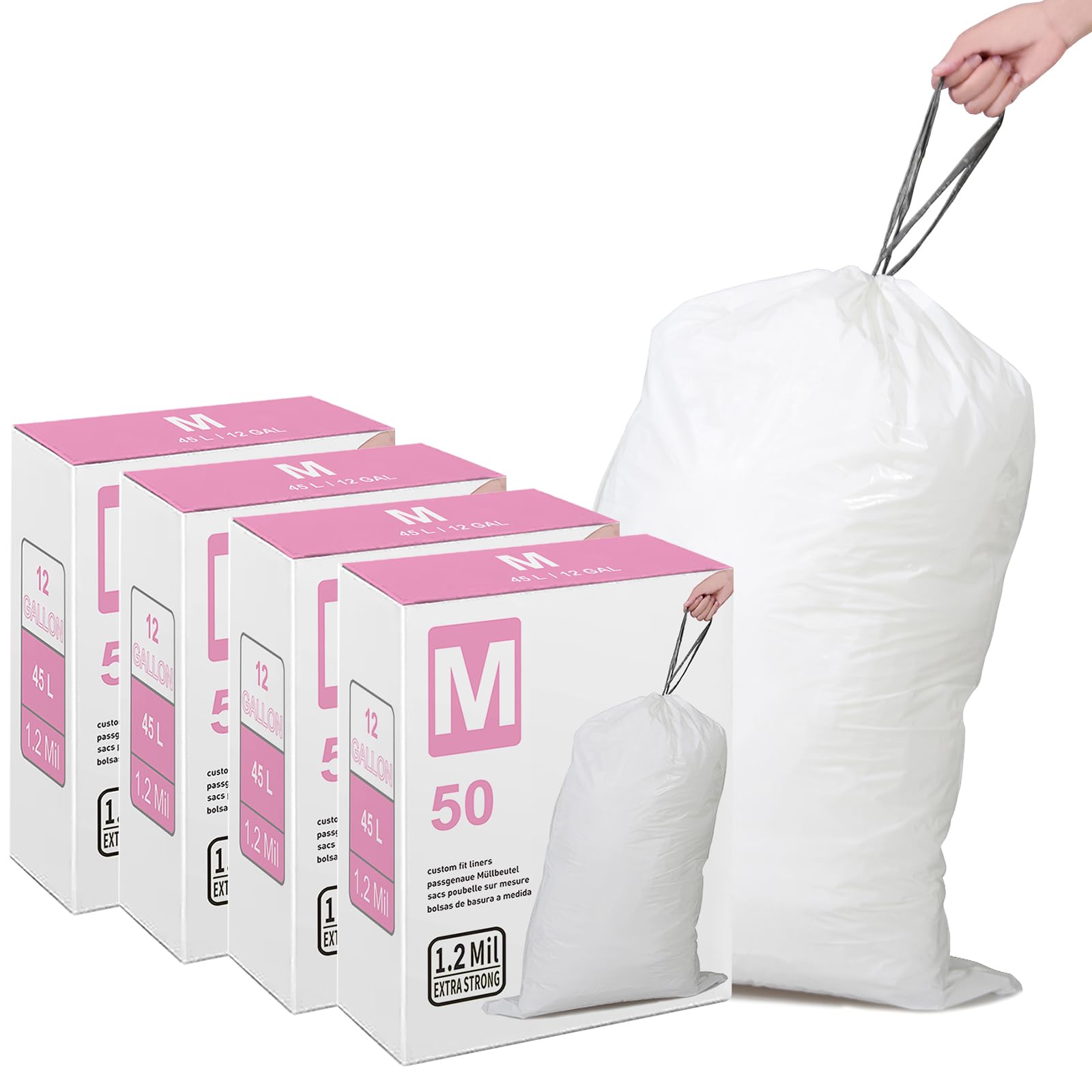 **Code M 4-Pack (200 Count) 12-Gallon Heavy Duty 1.2 Mil Thick Trash Bags with Reinforced Drawstring - Leak-Proof & Tear-Resistant - Fits Code M 1.2 Mil White Garbage Can Liners (45 Liter) - Perfect for Kitchen, Office & Outdoor Use**