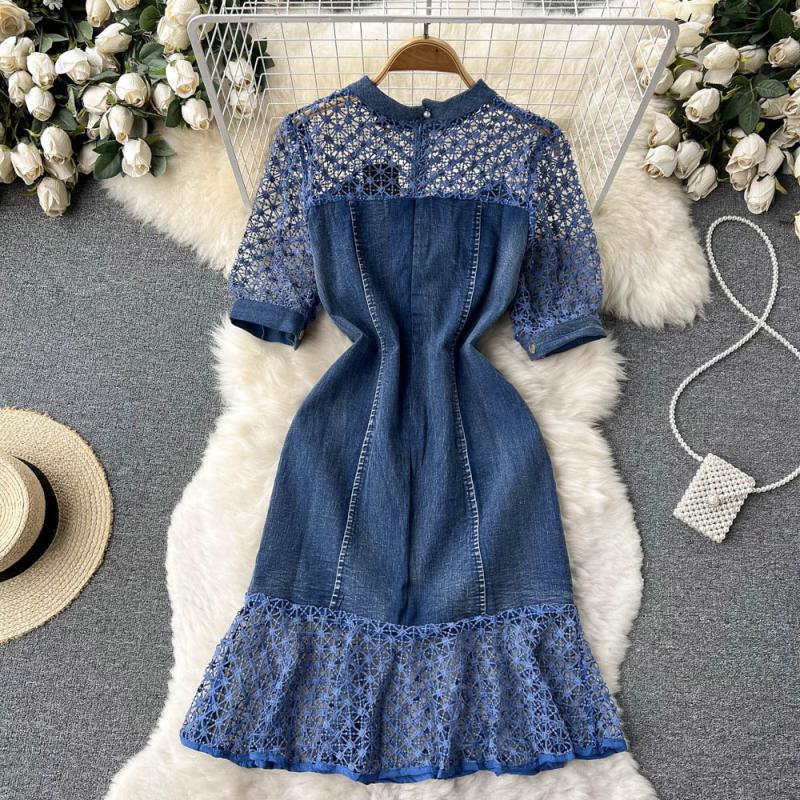 Elegant Beaded Round Neck Lace Stitching Denim Mermaid Dress with Short Sleeves - Perfect for Evening Parties, Weddings & Special Occasions