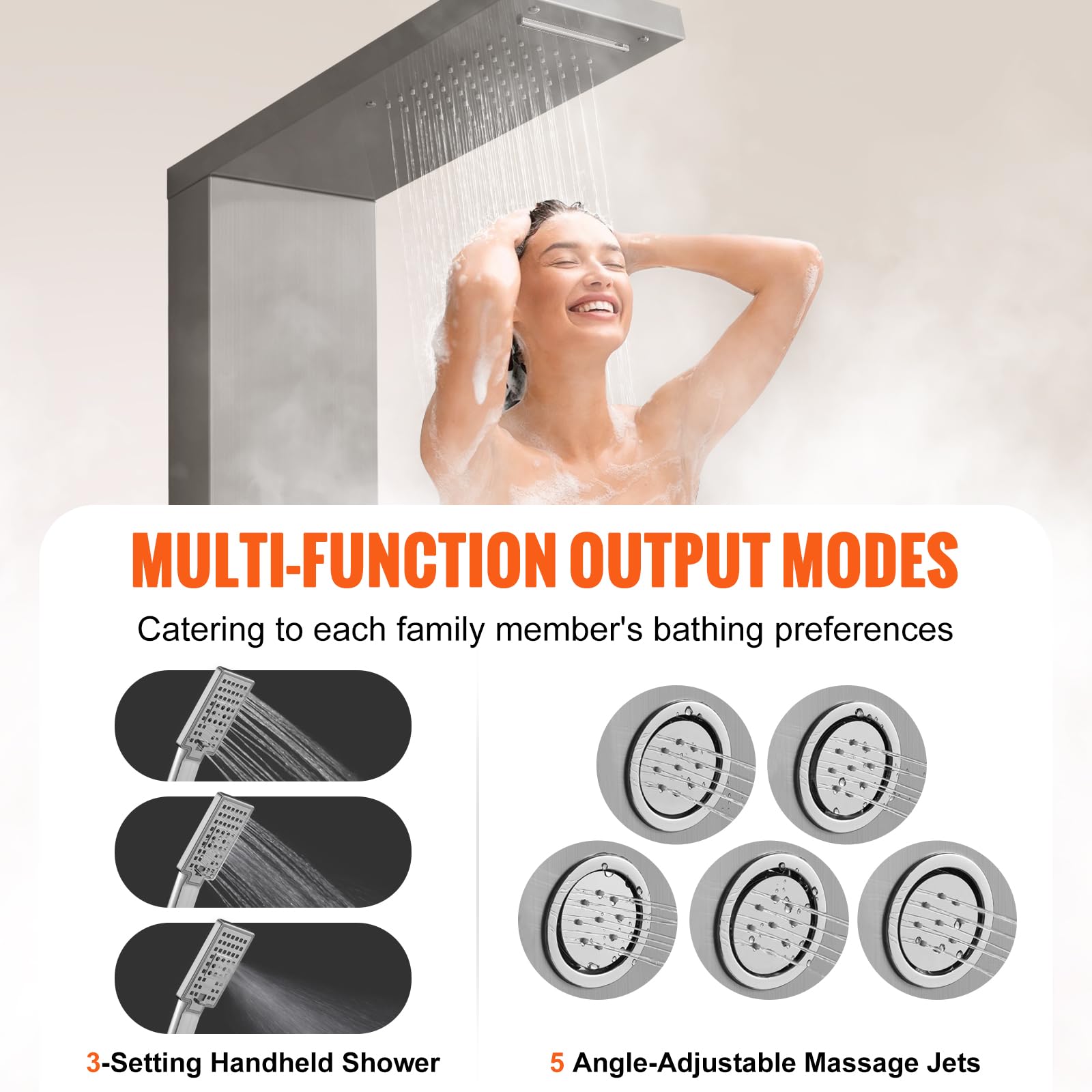 VEVOR Stainless Steel Shower Tower System - 4 Modes (Rainfall, Waterfall, Massage Jets) with 3-Setting Handheld Shower Head & 59