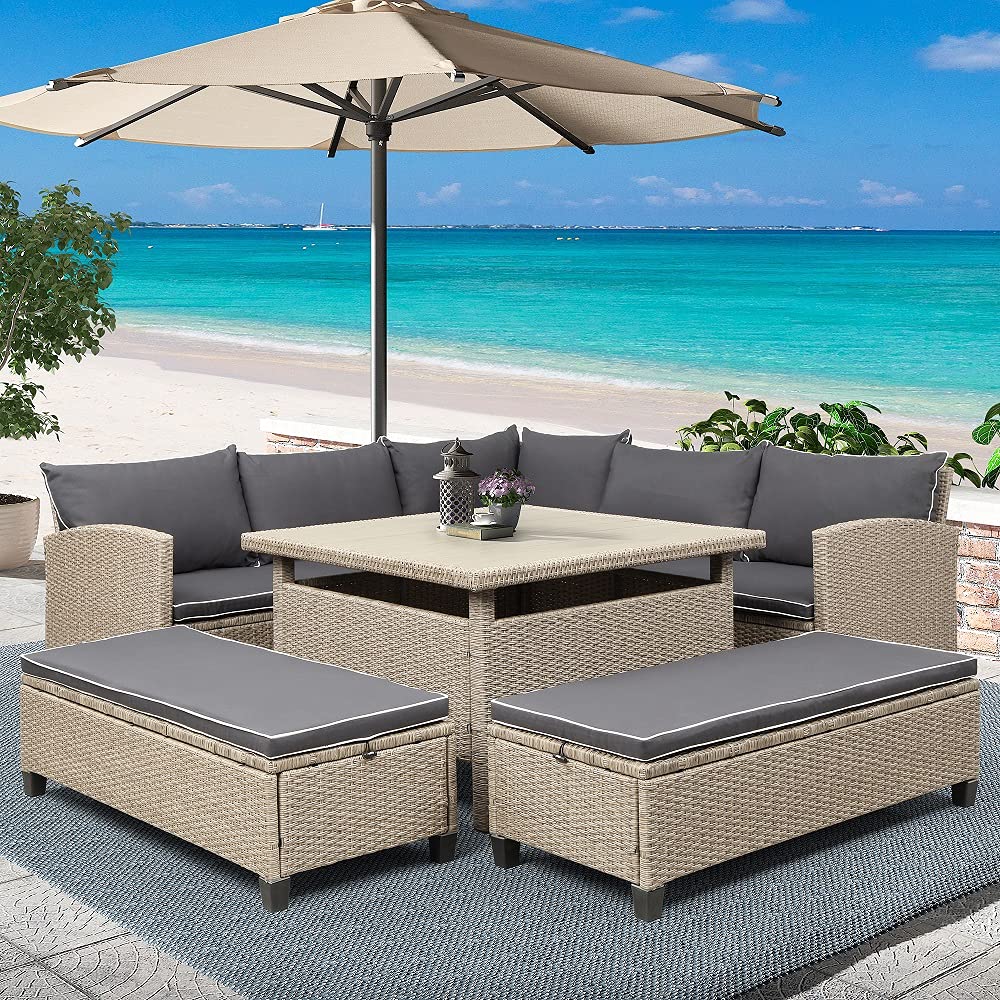 XC 6-Piece All-Weather Outdoor Patio Furniture Set - Wicker Rattan Sectional Sofa with Coffee Table, Benches & Cushions - Perfect for Backyard, Garden, Poolside & Outdoor Conversations